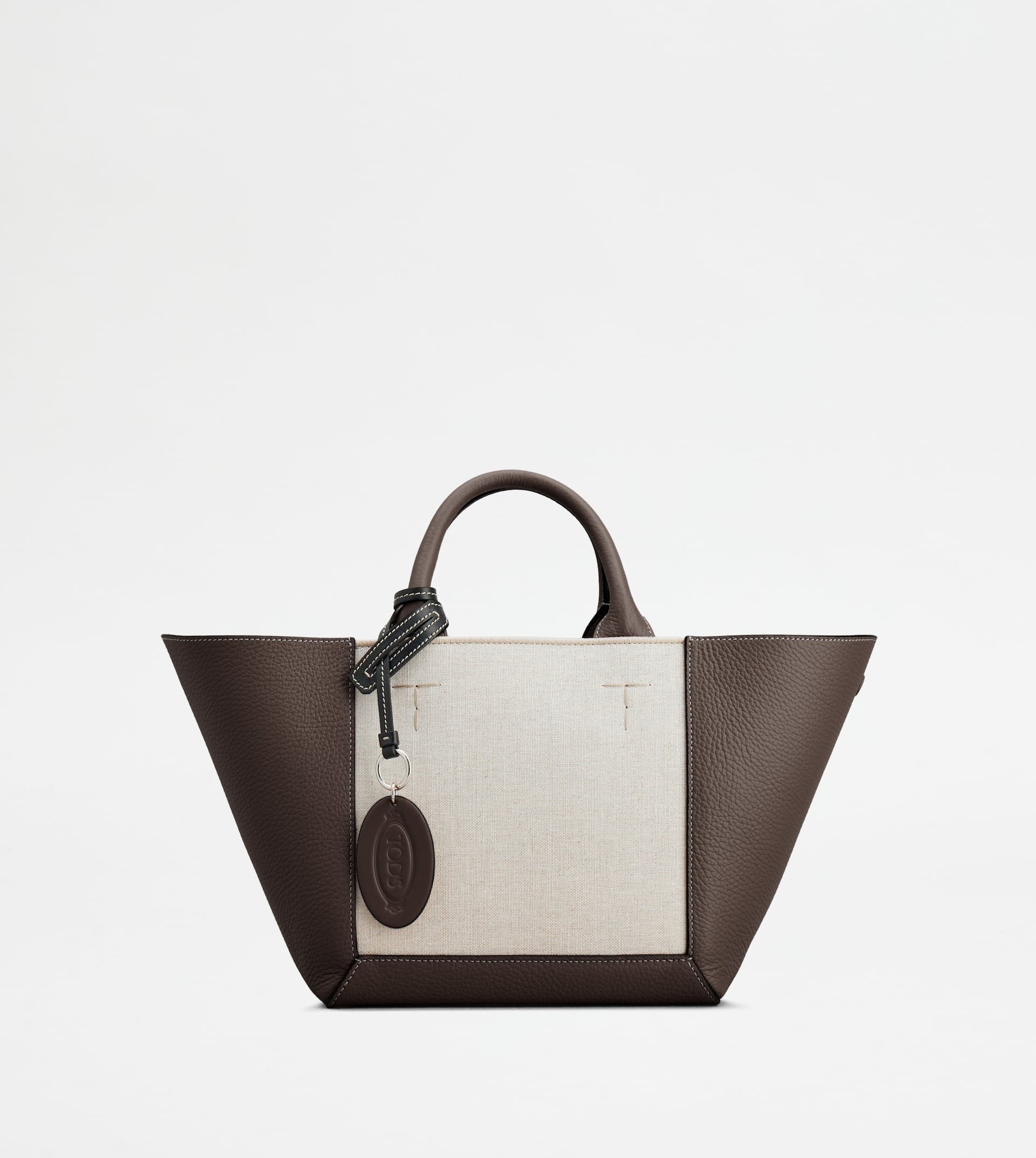 TOD'S DOUBLE UP SHOPPING BAG IN LEATHER AND CANVAS SMALL - BROWN, OFF WHITE - 1