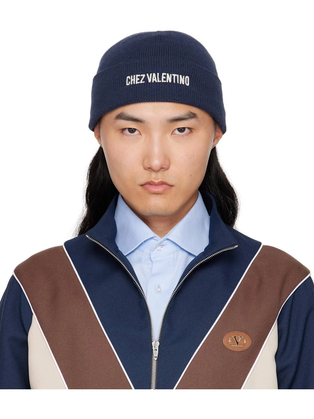 Navy 'Chez Valentino' Knitted Wool Beanie - 1