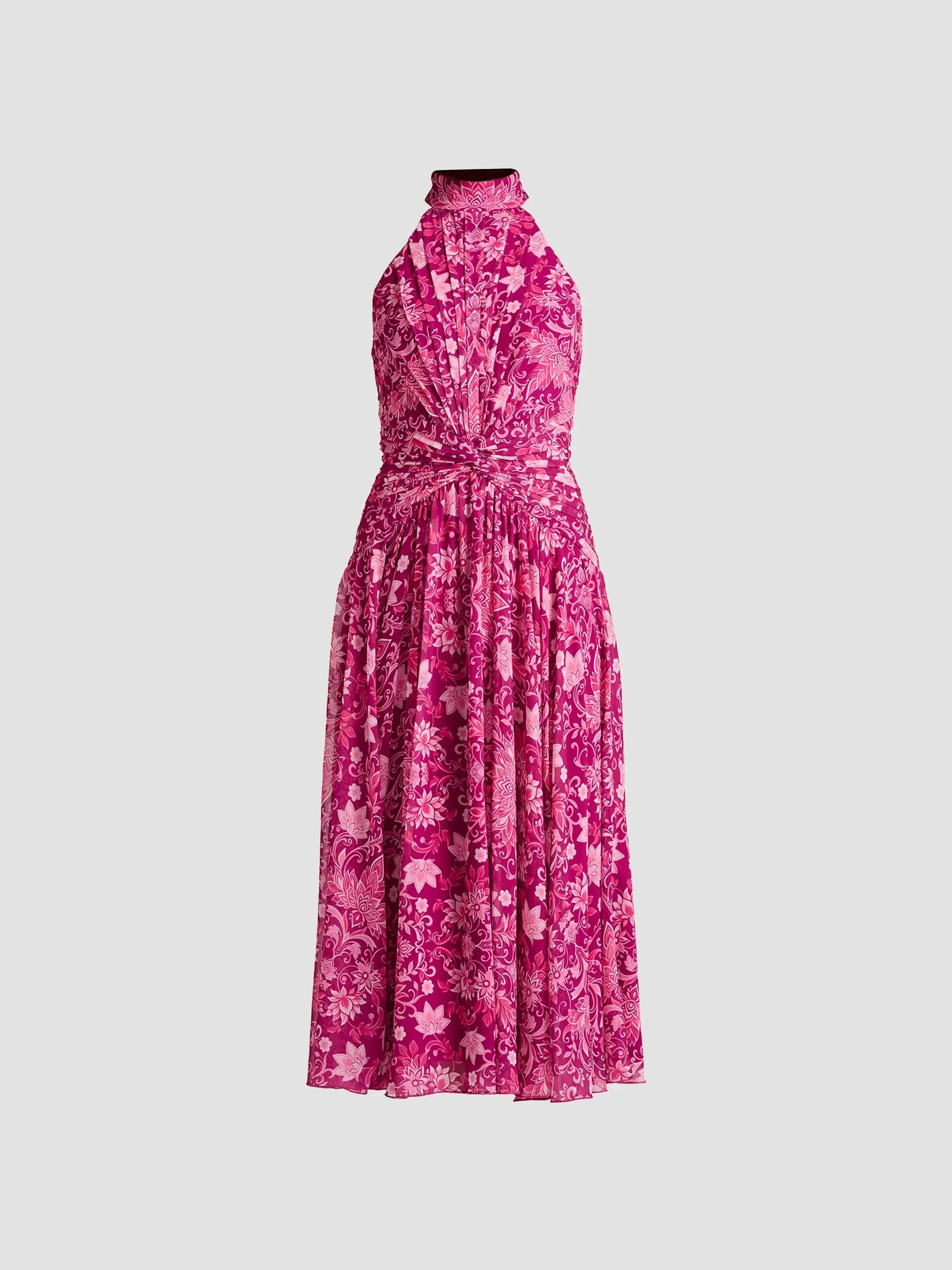 Women's Pleated Floral Midi Dress - Magenta Multi - 1
