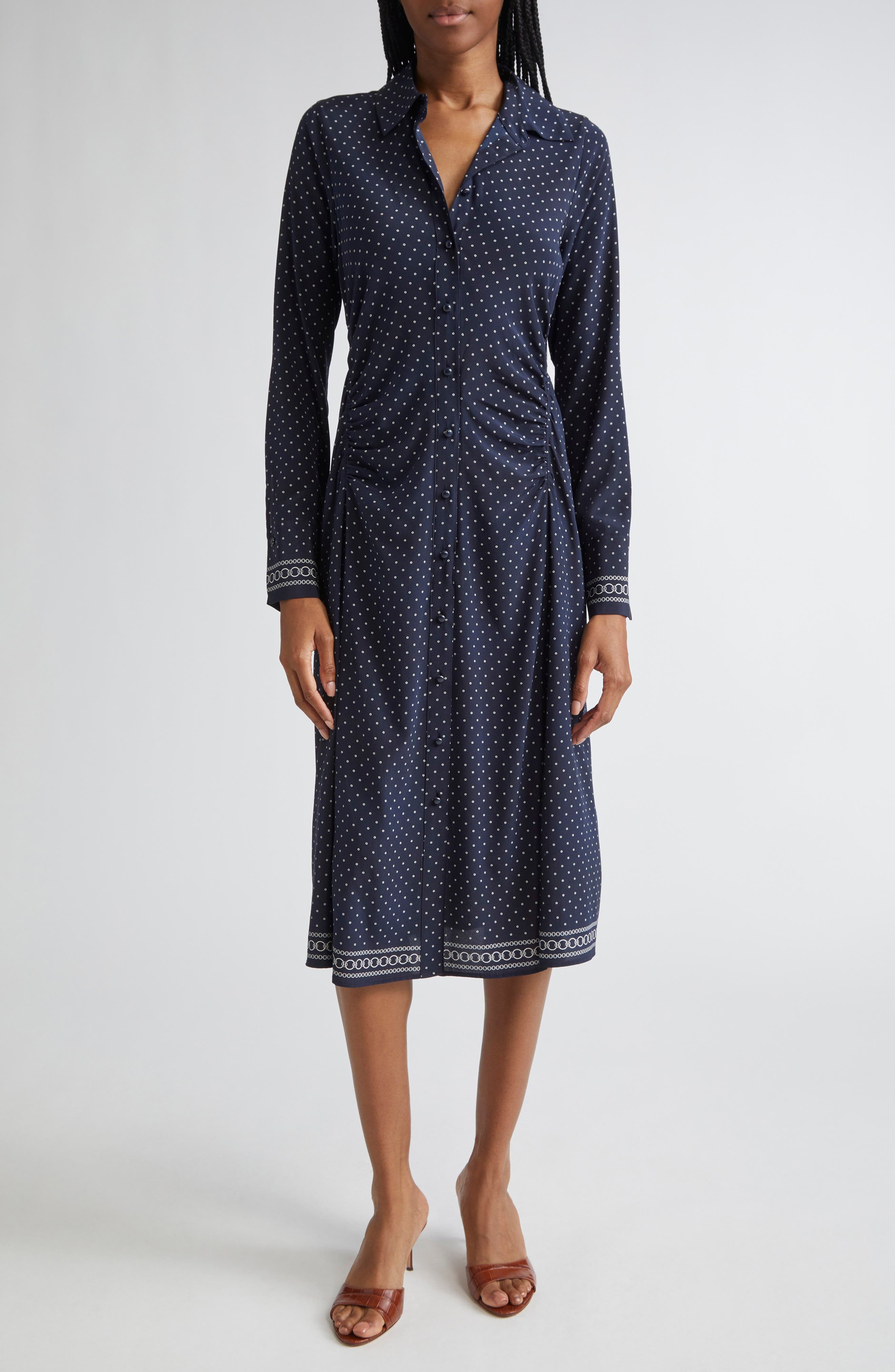 Veronica Beard Lex Mixed Print Long Sleeve Stretch Silk Shirtdress in Navy Multi at Nordstrom - 1