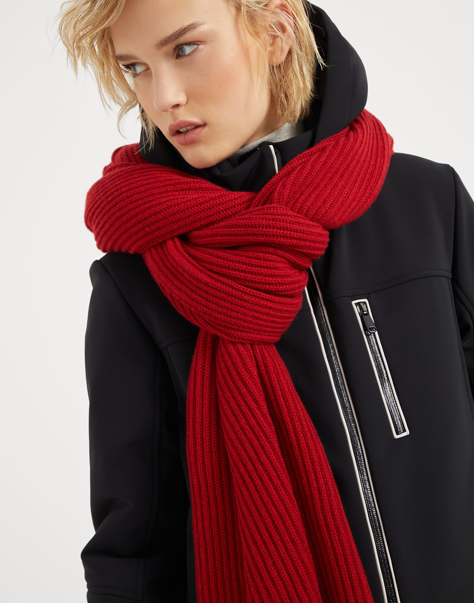 Cashmere English rib knit scarf with monili - 4