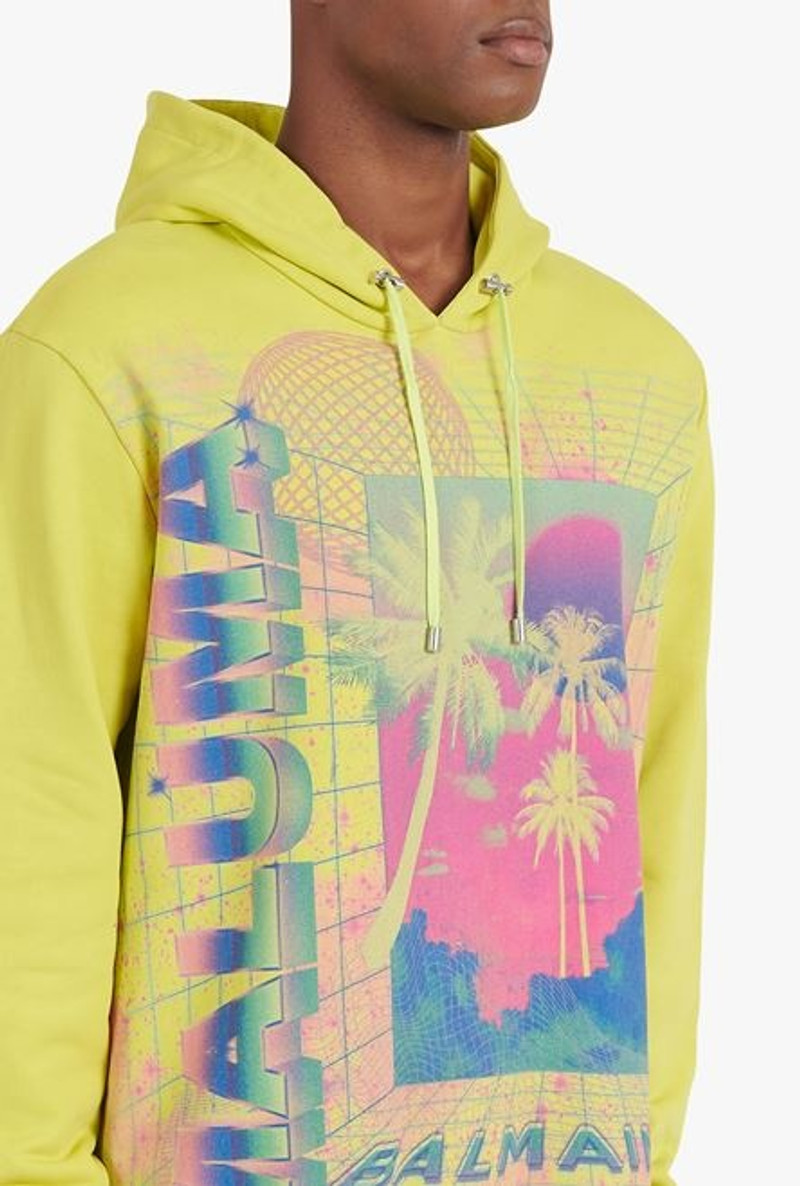 Oversized lime-green cotton sweatshirt with multicolor Balmain logo print 9