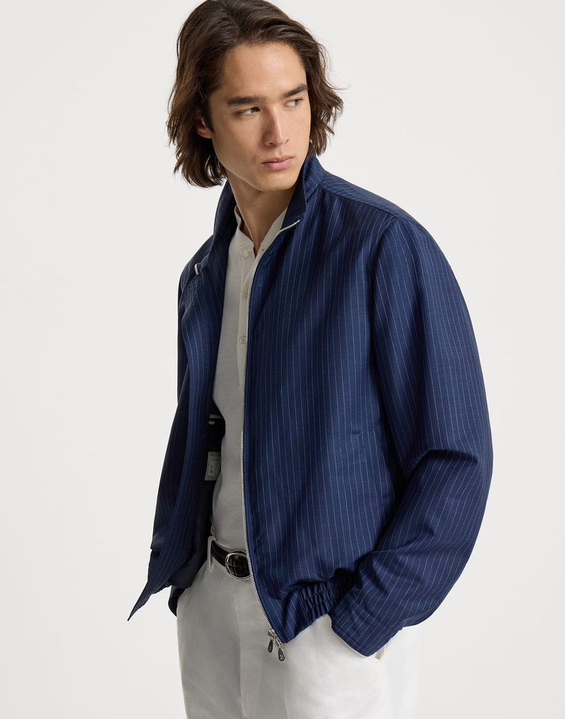 Wool and mohair pinstripe fresco outerwear jacket with stand collar 5