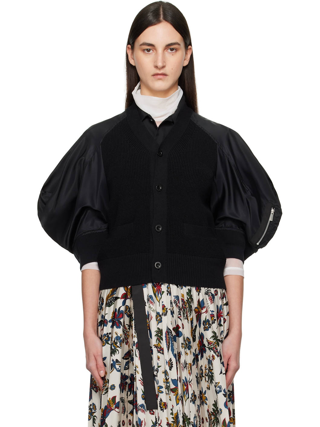 Black Nylon Twill x Knit Cardigan - 1