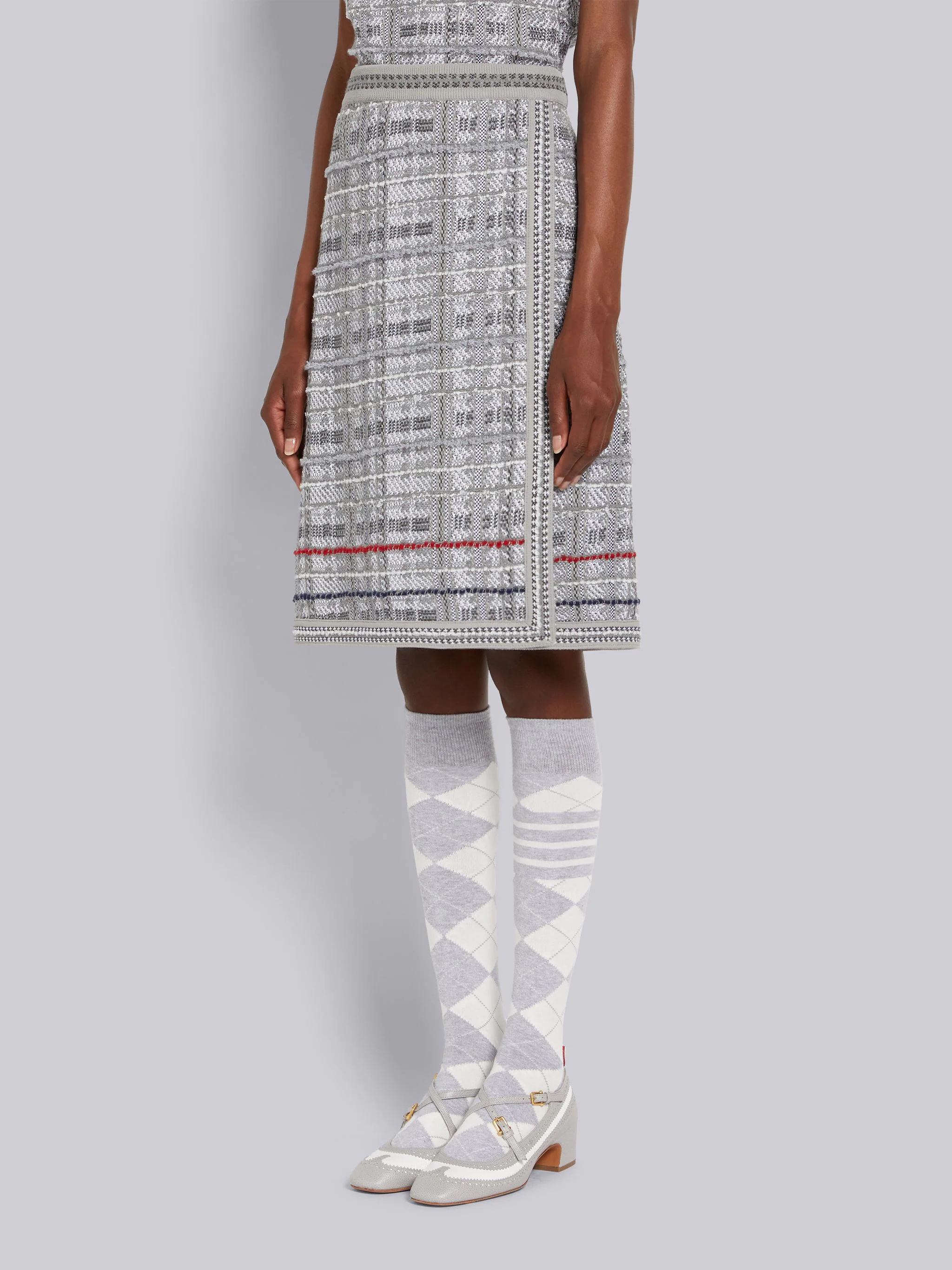 Tonal Grey Hairline Madras Check Jacquard Stripe Inlay A-line Knee Length Skirt - 2