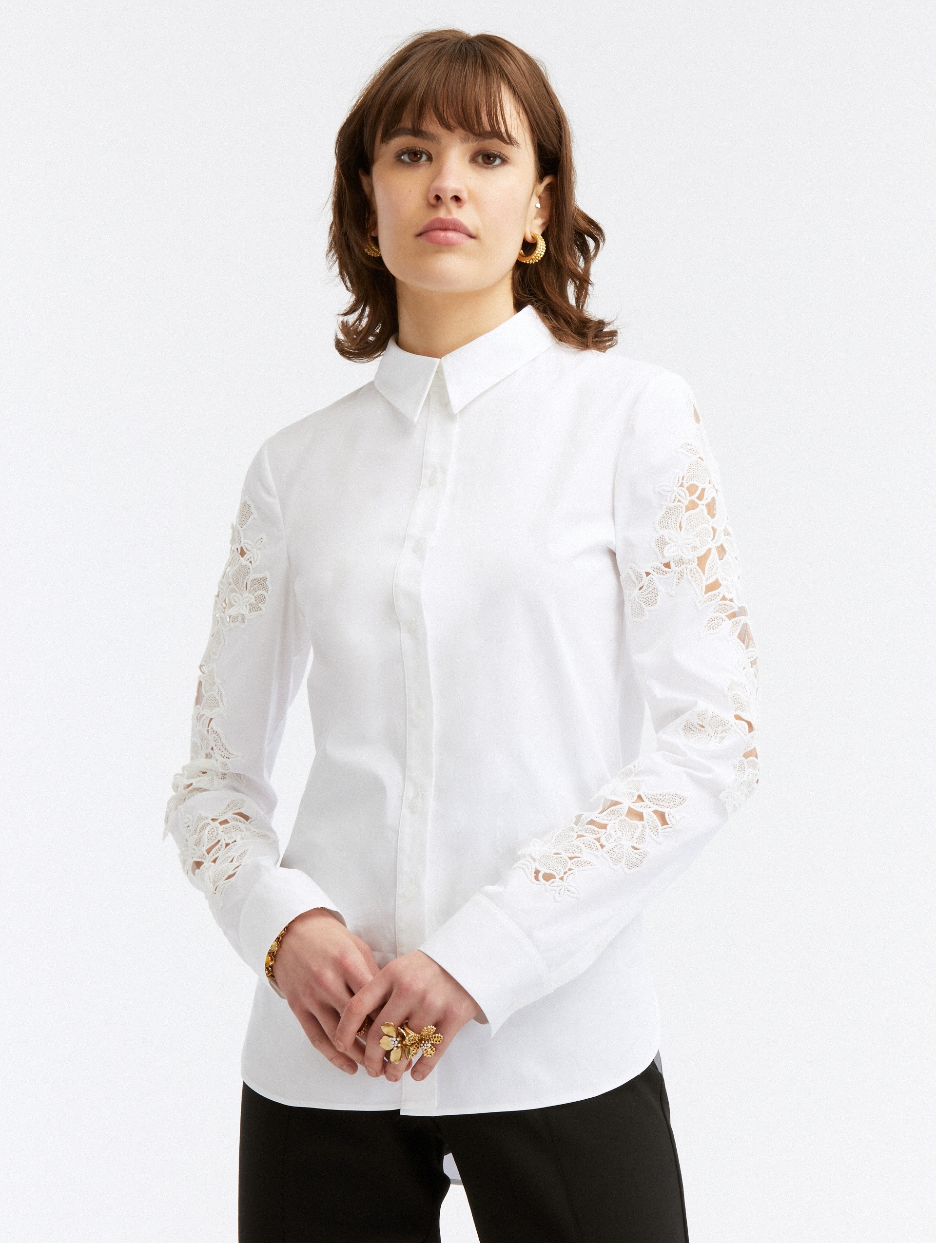GUIPURE LACE LONG SLEEVE COTTON BLOUSE - 2