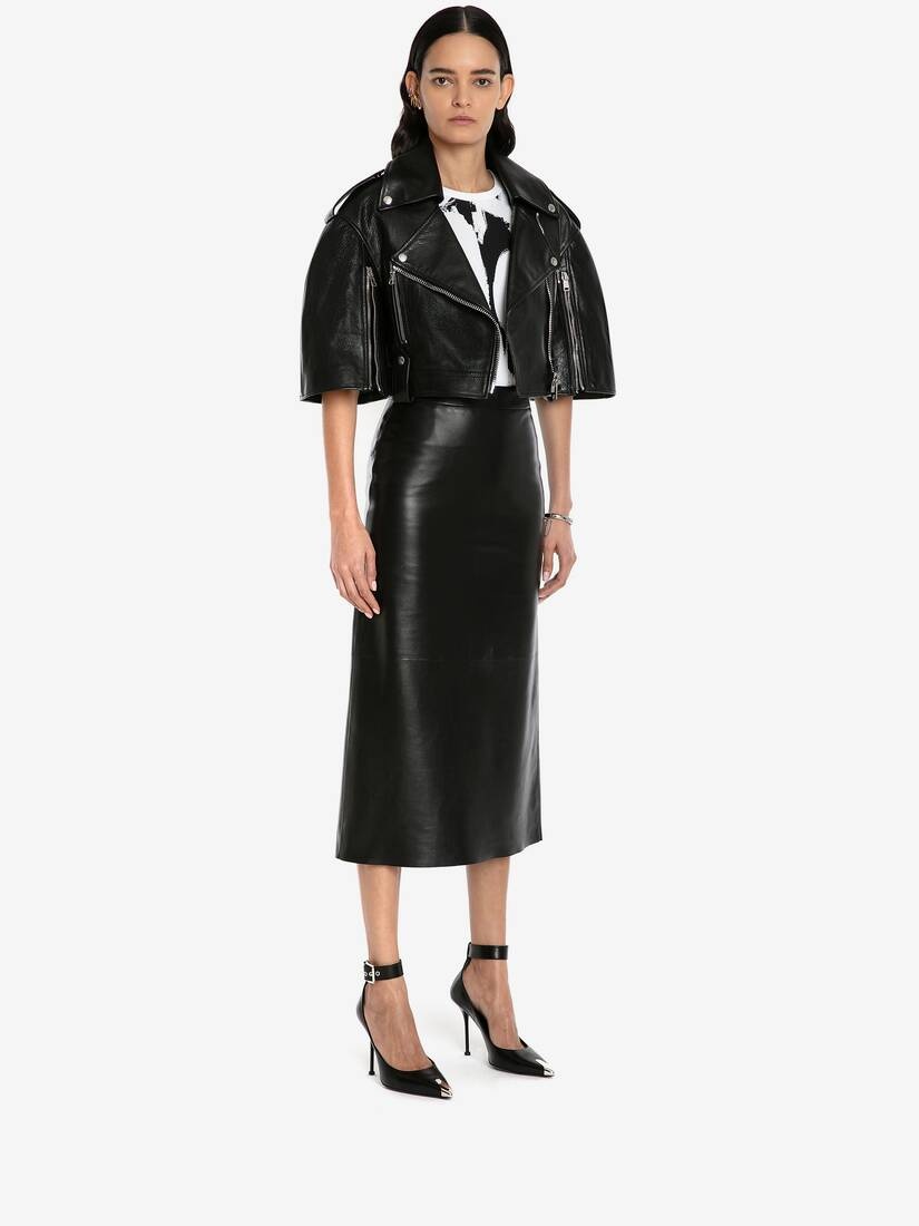 Leather Kickback Pencil Skirt in Black - 3