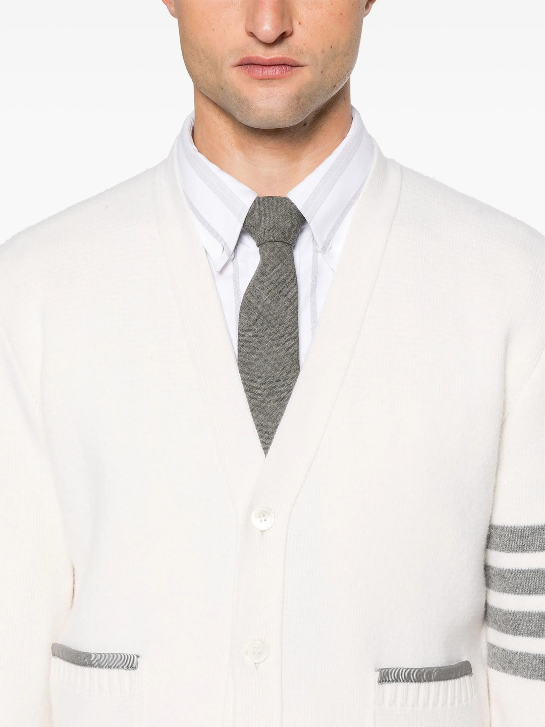 Milano Stitch Merino Wool 4-Bar V Neck Cardigan Men - 5
