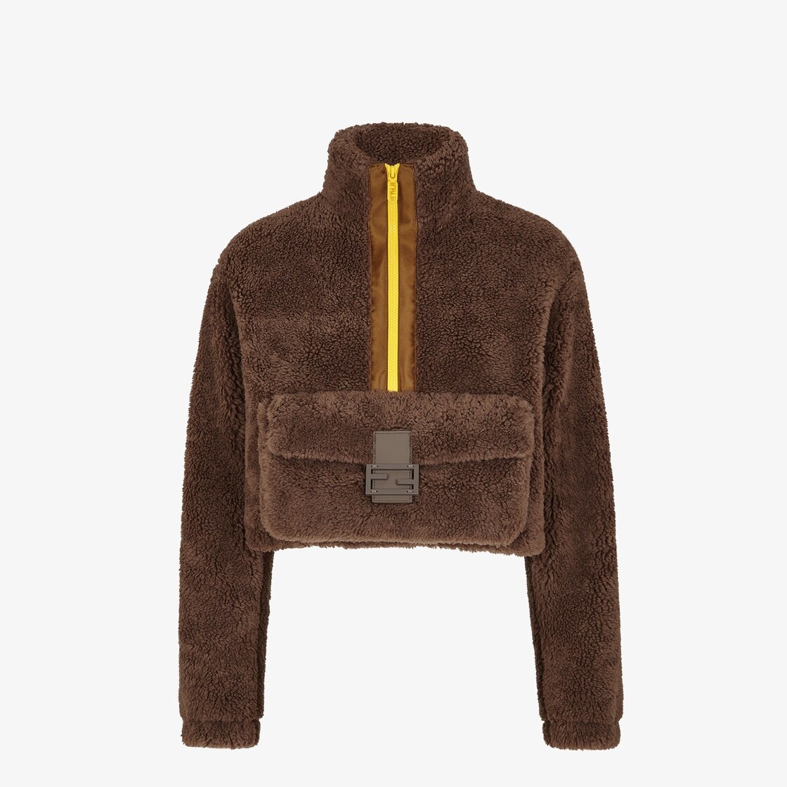 High collar cropped blouson, closed with a half zipper at the front. Made of teddy-effect brown wool - 1