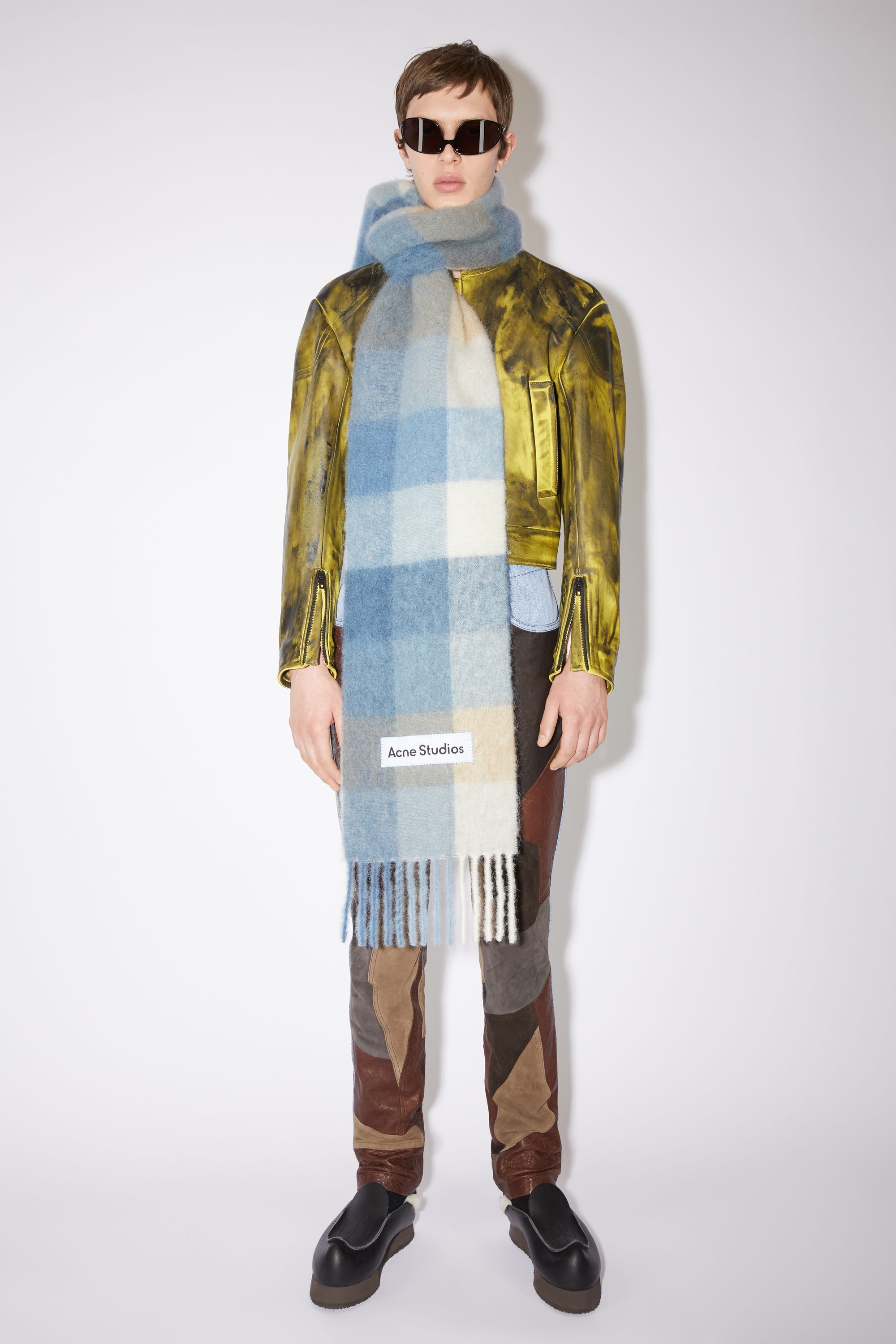 Checked wool fringe scarf - Pastel blue/beige - 3