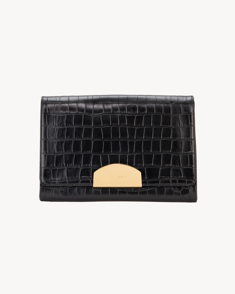 LE AGNES EMBOSSED CROC CLUTCH 1