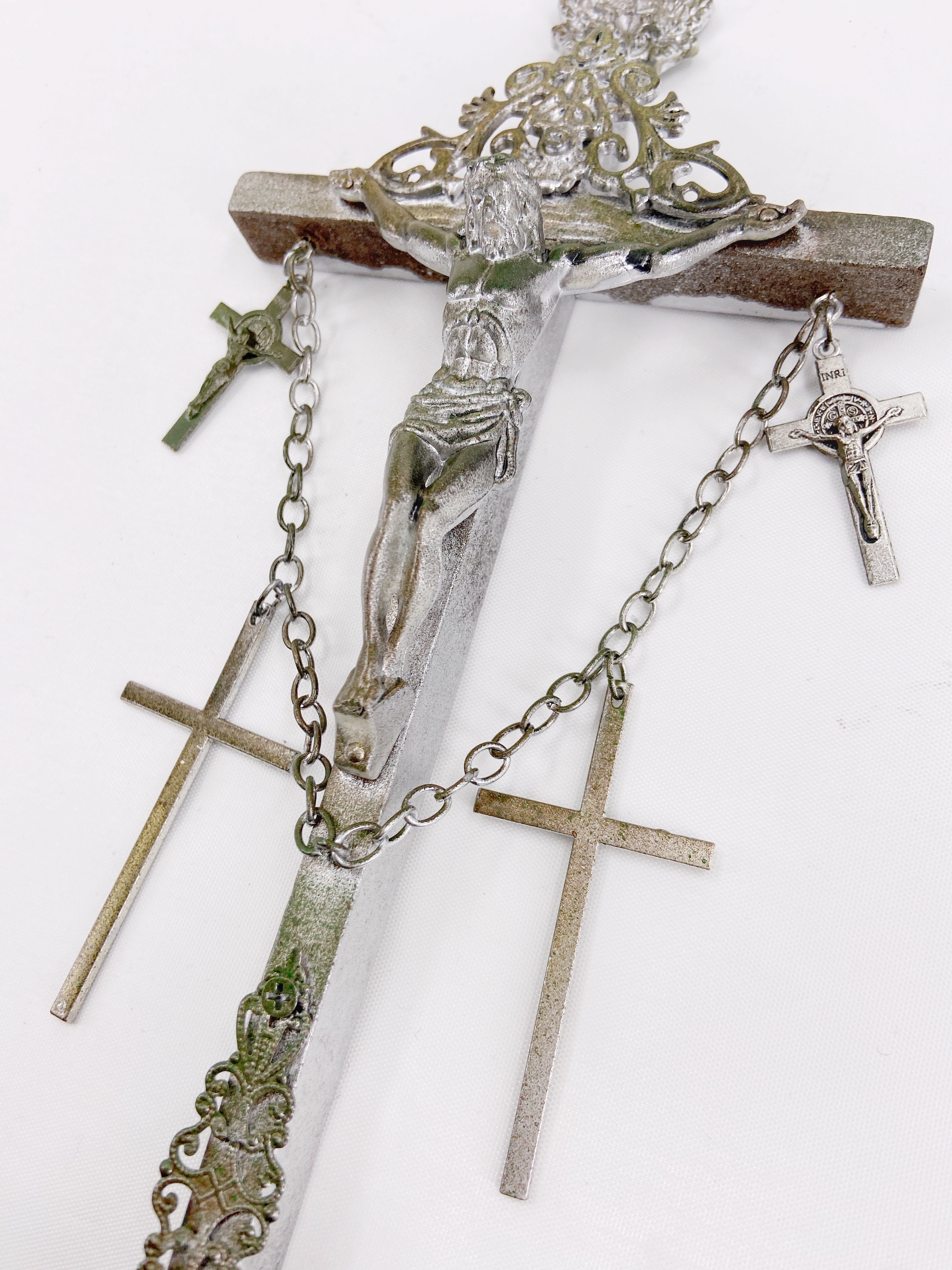 Jean Paul Gaultier 90S Sample 1/1 XXL Silver 5 Crucifix Cross Deer Chain Necklace - 14
