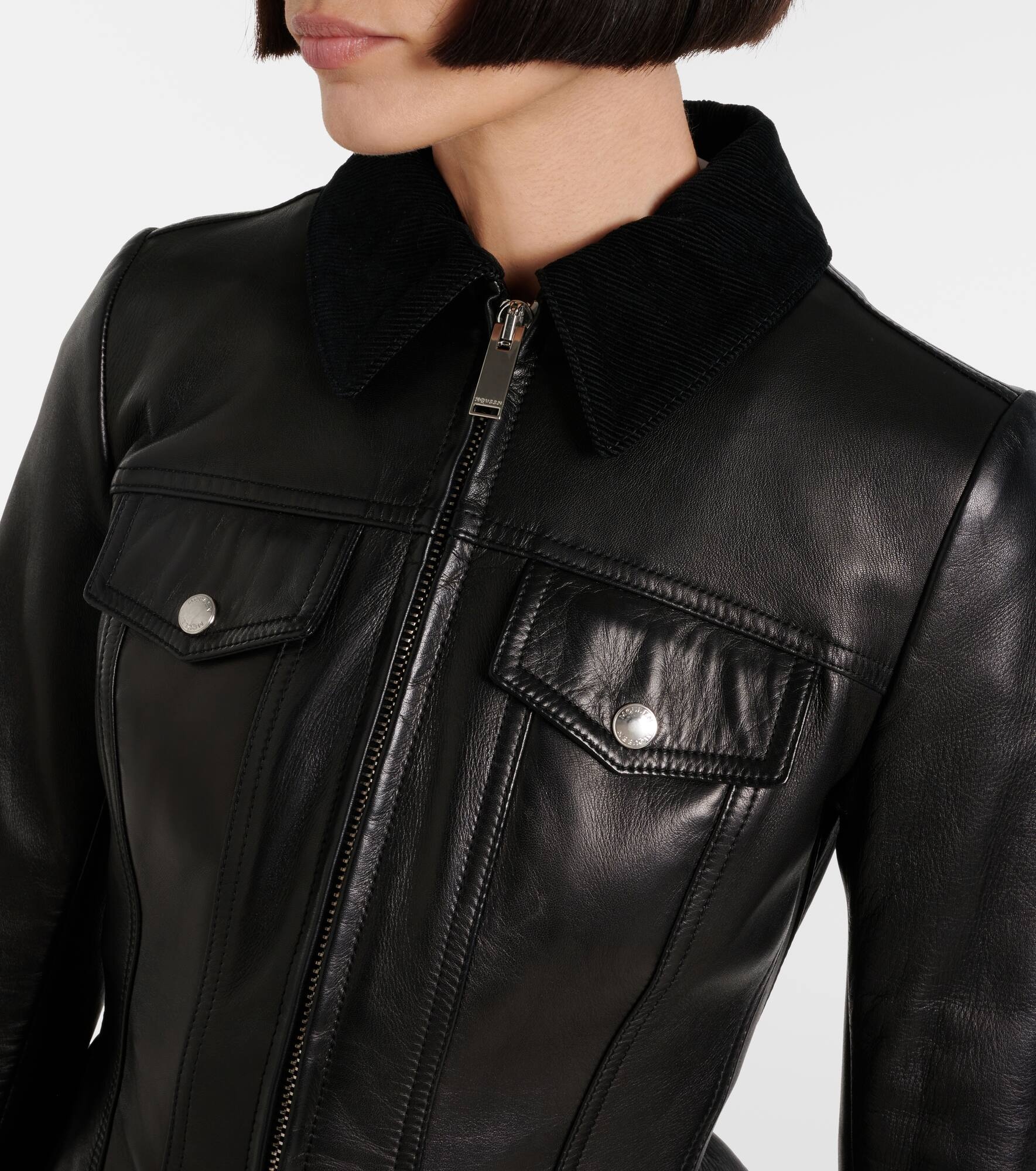 Corduroy-trimmed peplum leather jacket - 4