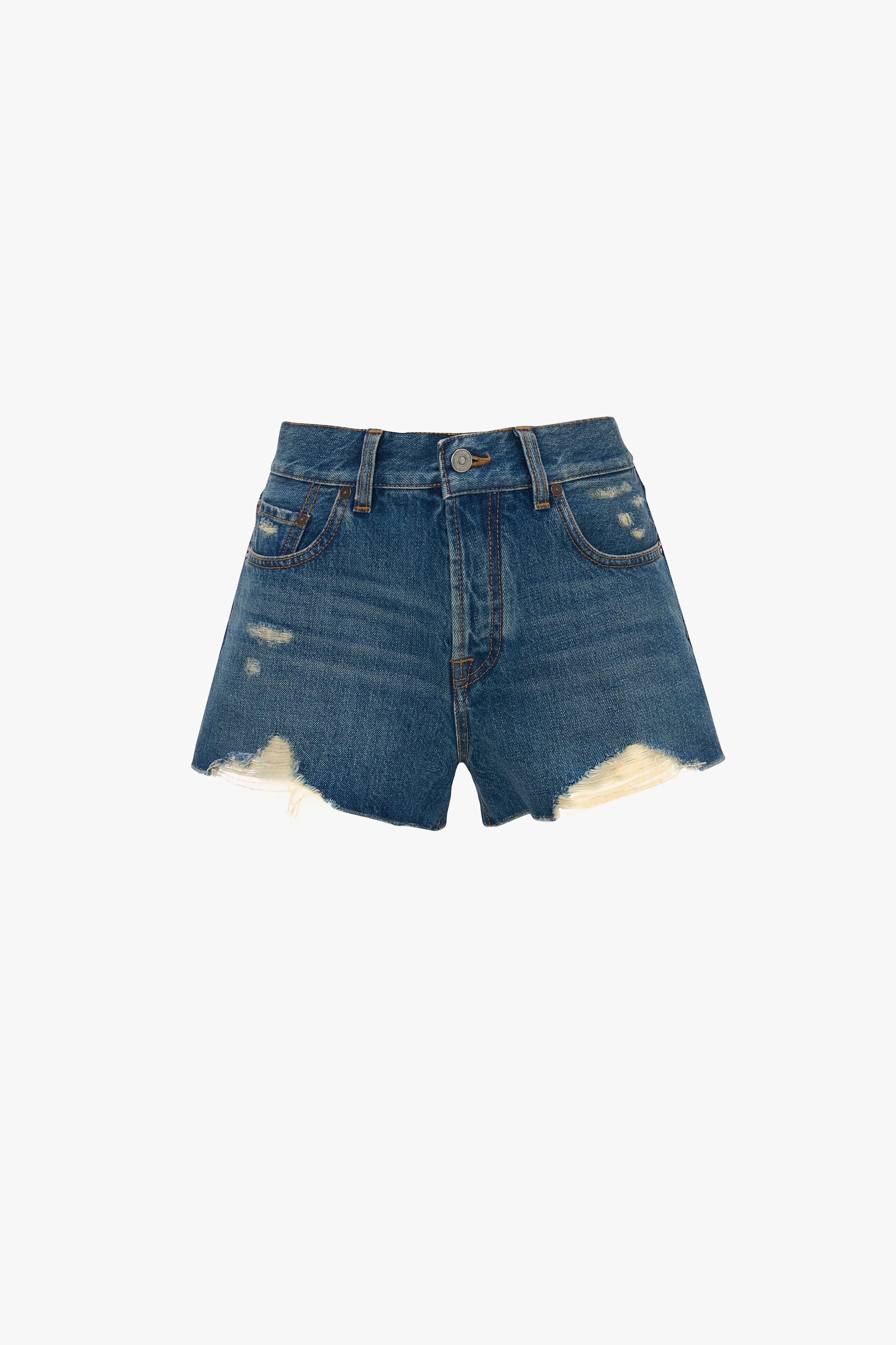 Distressed Shorts In Mid Blue Wash - 1