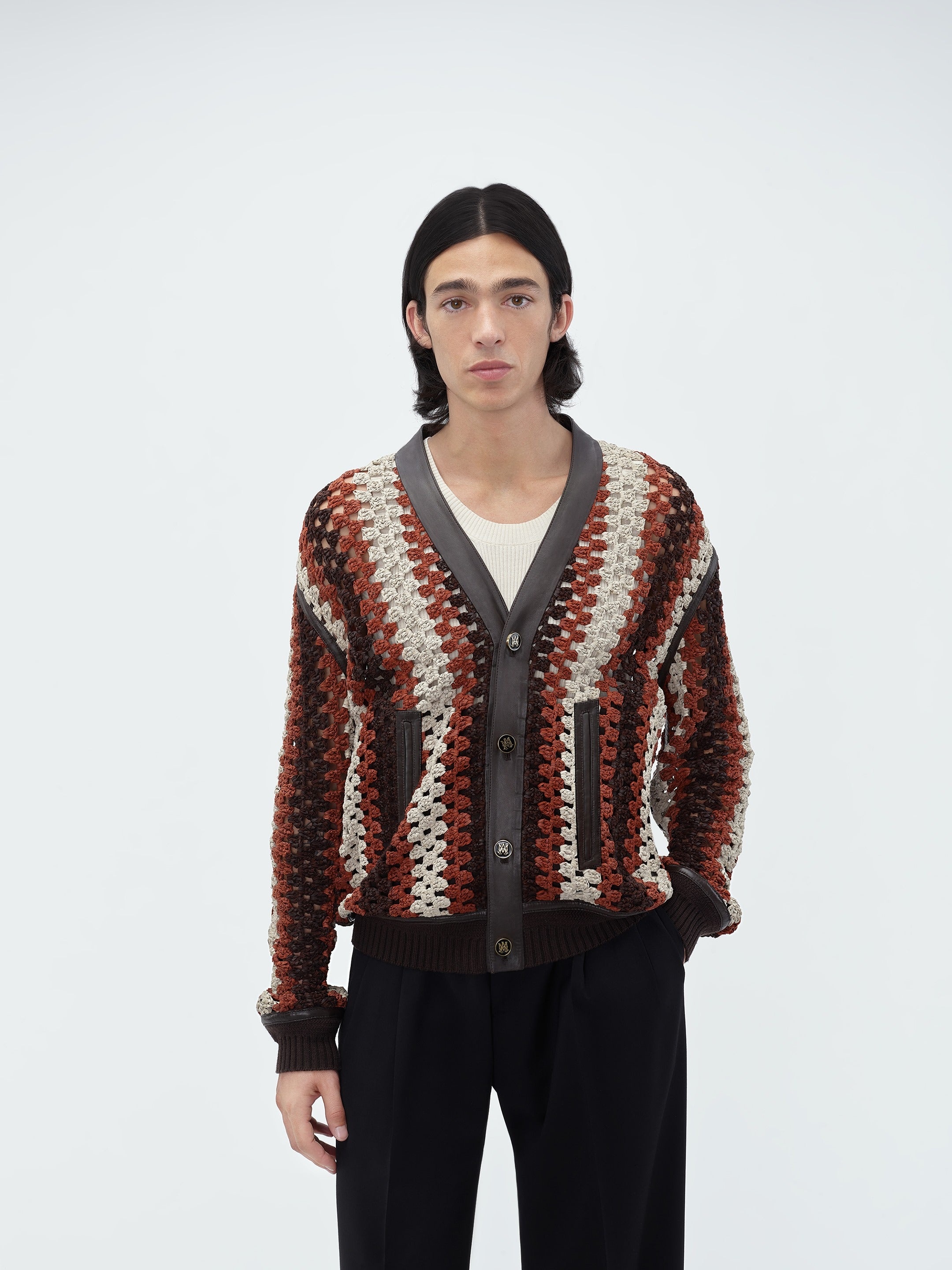 CROCHET KNIT LEATHER CARDIGAN - 3