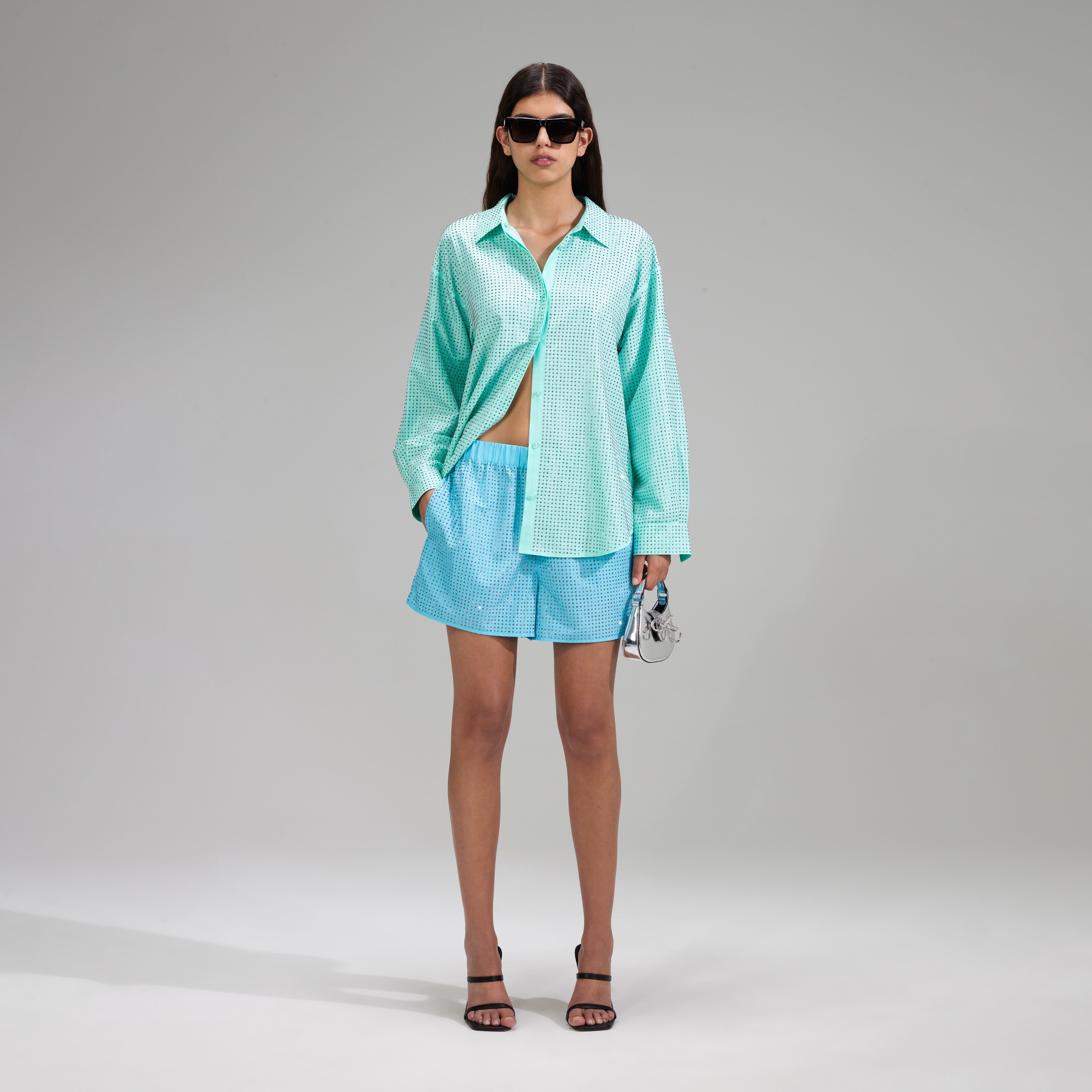 Mint Rhinestone Taffeta Oversized Shirt - 1