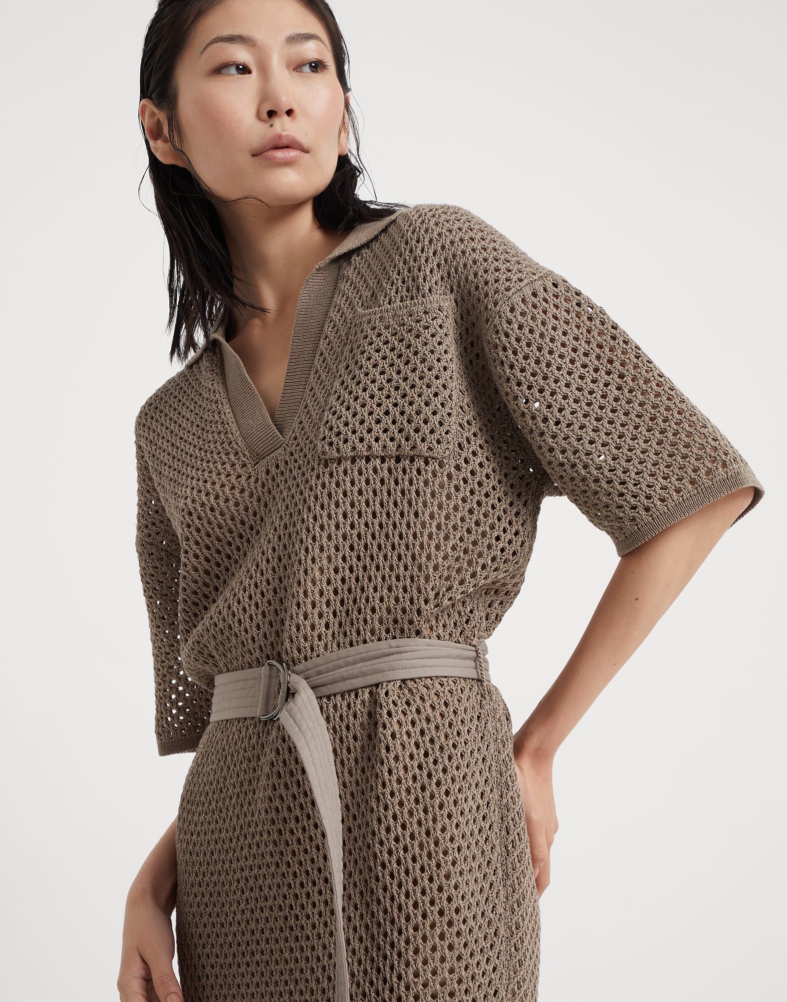 Cotton net knit dress with belt - 3