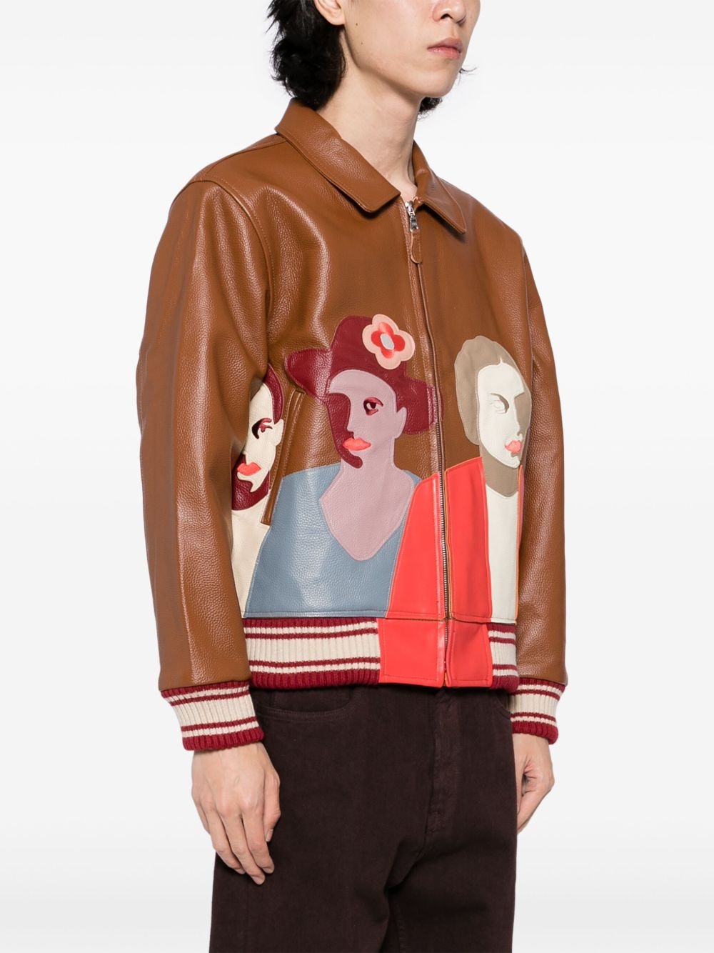 Patchwork portrait leather jacket - 3