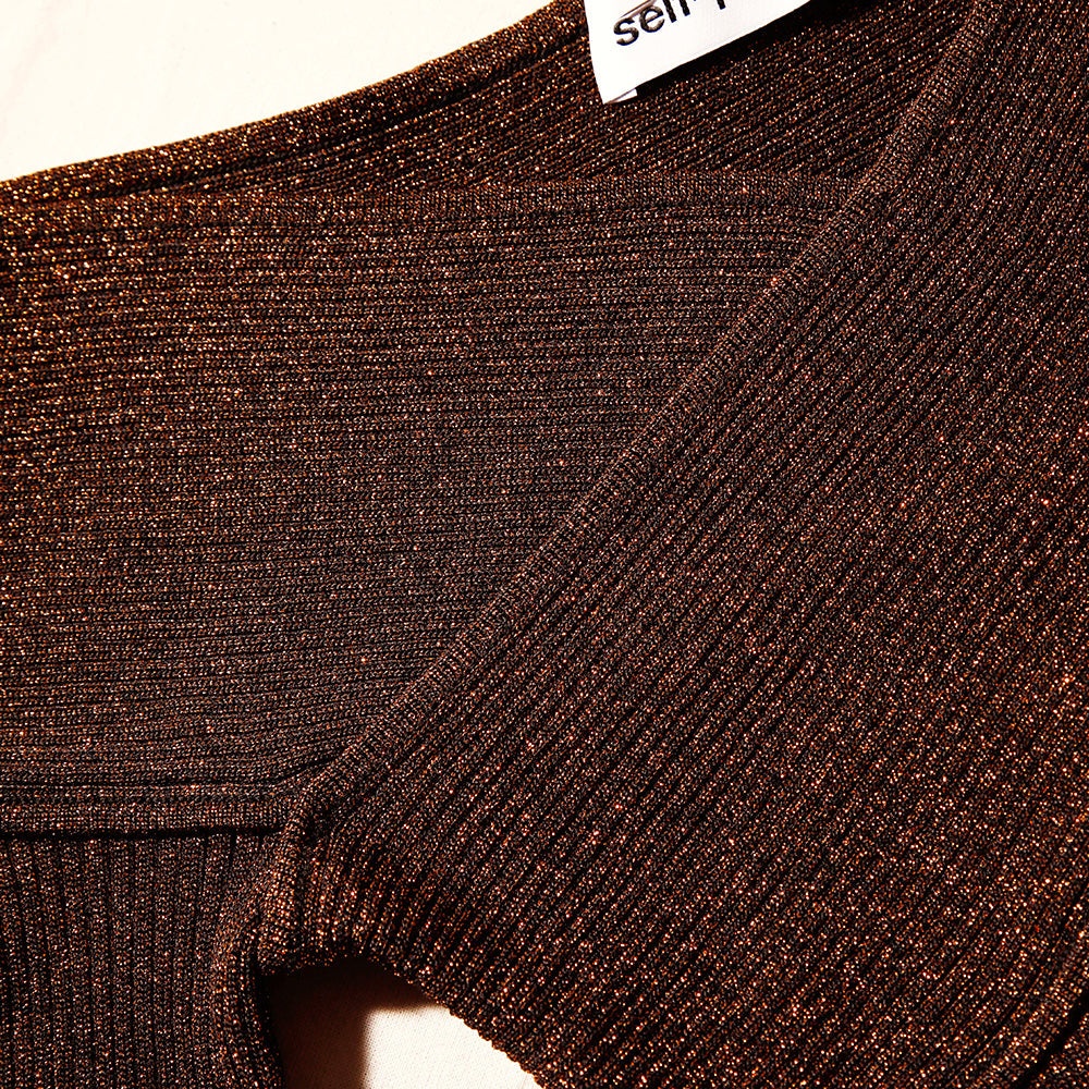 Brown Lurex Knit Off Shoulder Top - 4