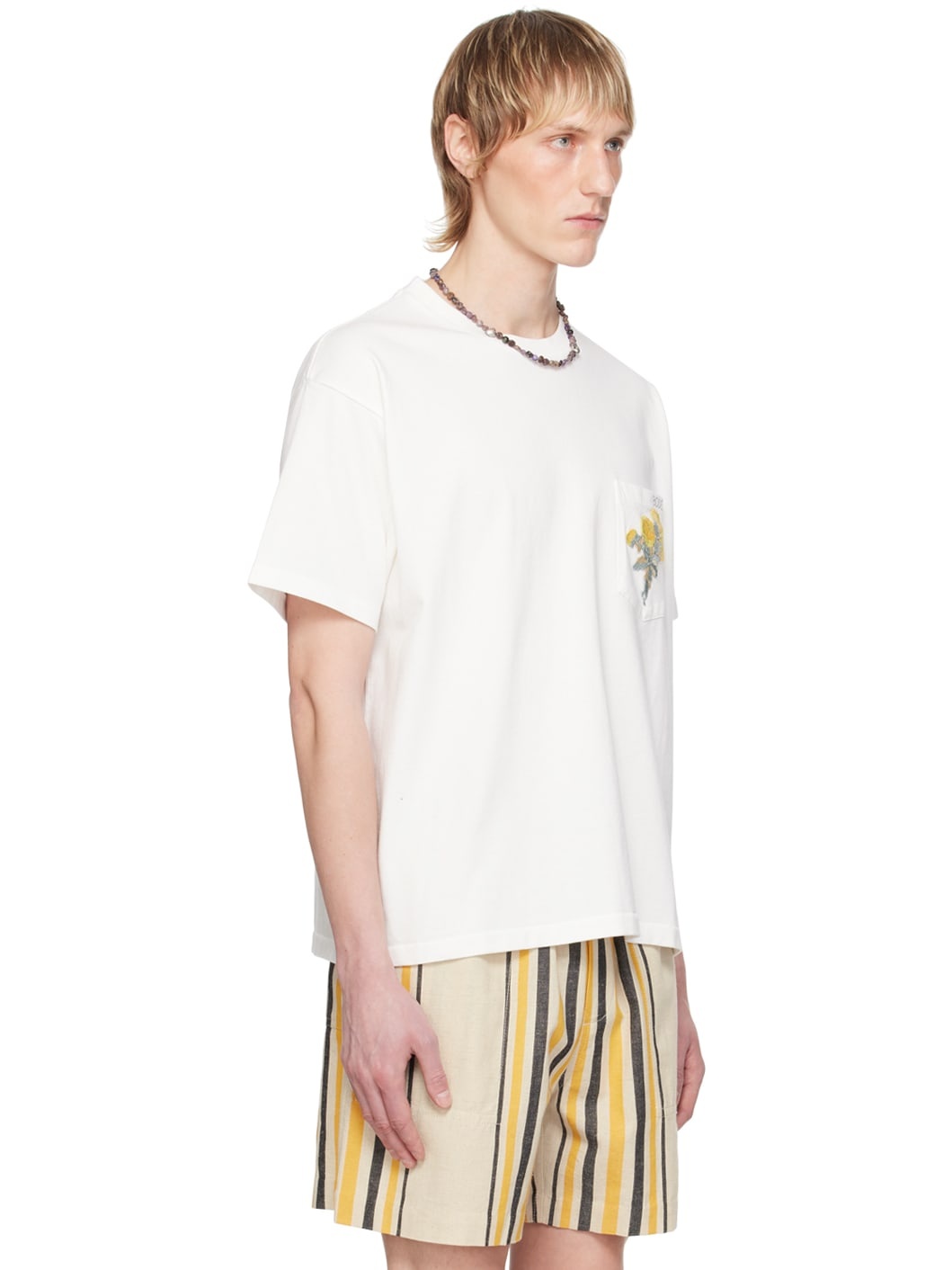 White Embroidered Bouquet Pocket T-Shirt - 2