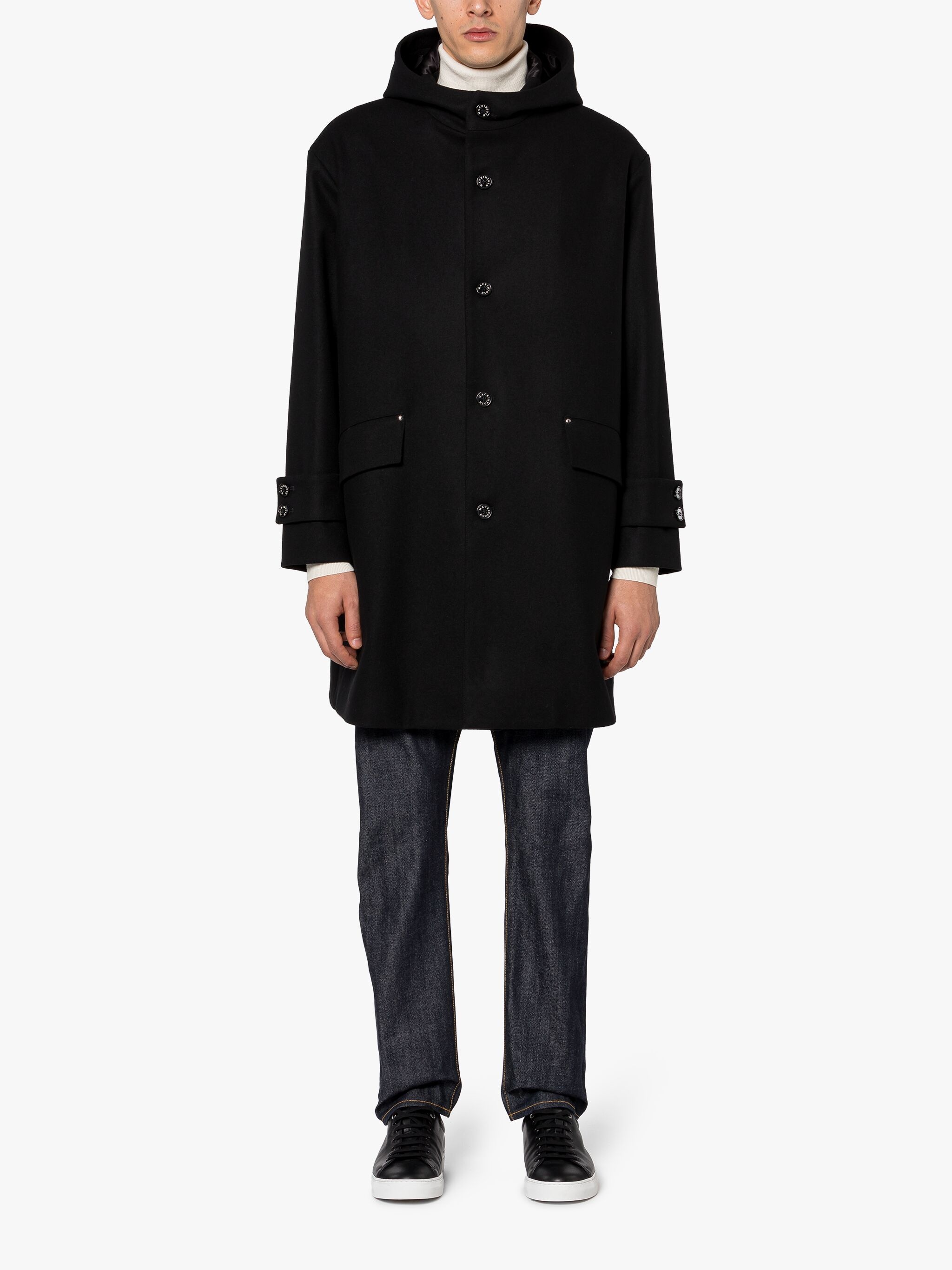 HUMBIE HOOD BLACK WOOL OVERCOAT - 3