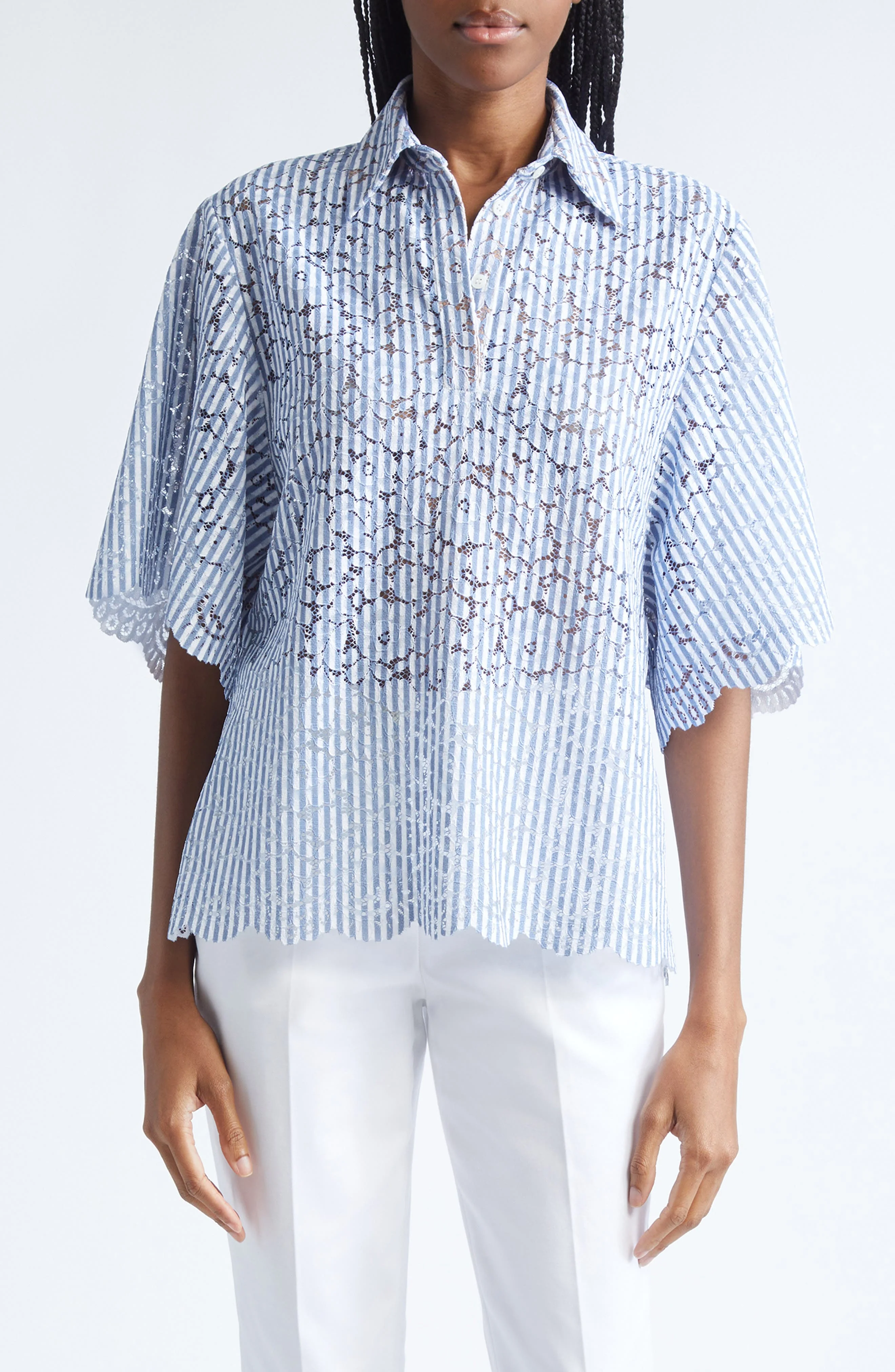 Michael Kors Collection Stripe Floral Lace Shirt in Lake/optic White at Nordstrom - 1