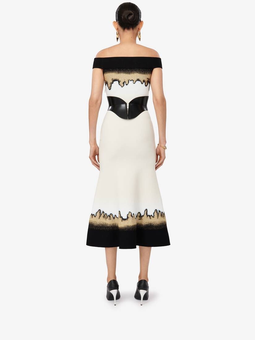 Women's Off-the-shoulder Jacquard Dress in Ivory/black/gold - 4