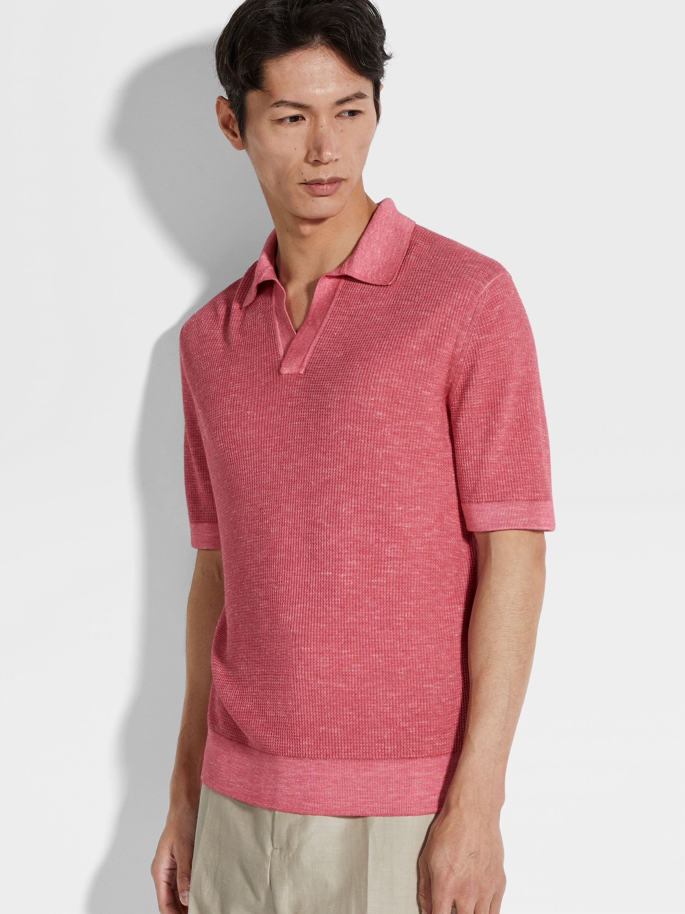 FUCHSIA MÉLANGE SILK CASHMERE AND LINEN POLO SHIRT - 3