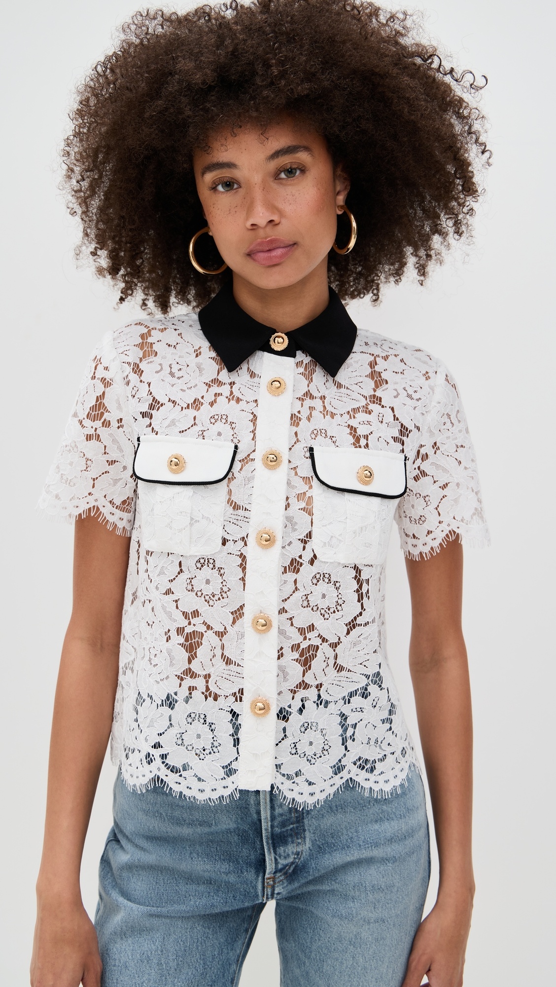 White Lace Contrast Collar Top - 1