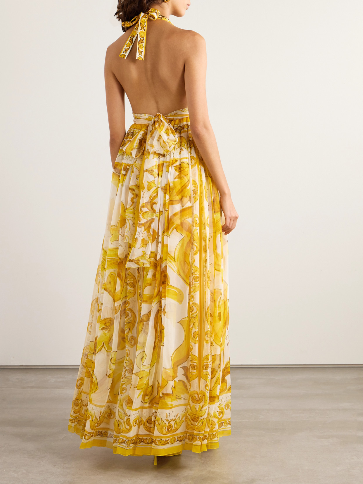 Maiolica Open-back Pleated Printed Silk-chiffon Halterneck Maxi Dress - 3