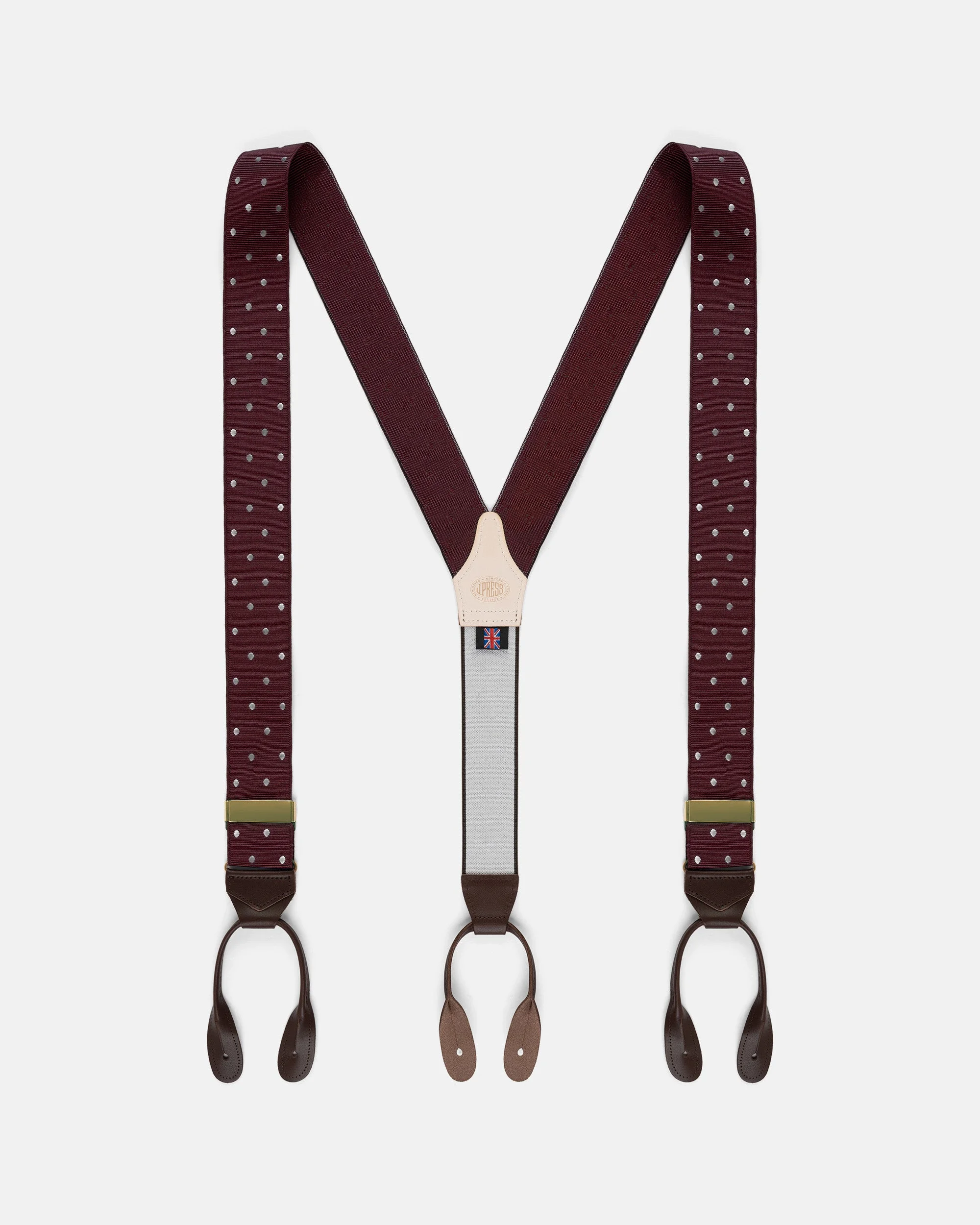 MADE-IN-ENGLAND BURGUNDY POLKA DOT JACQUARD RIBBON BRACES - 1