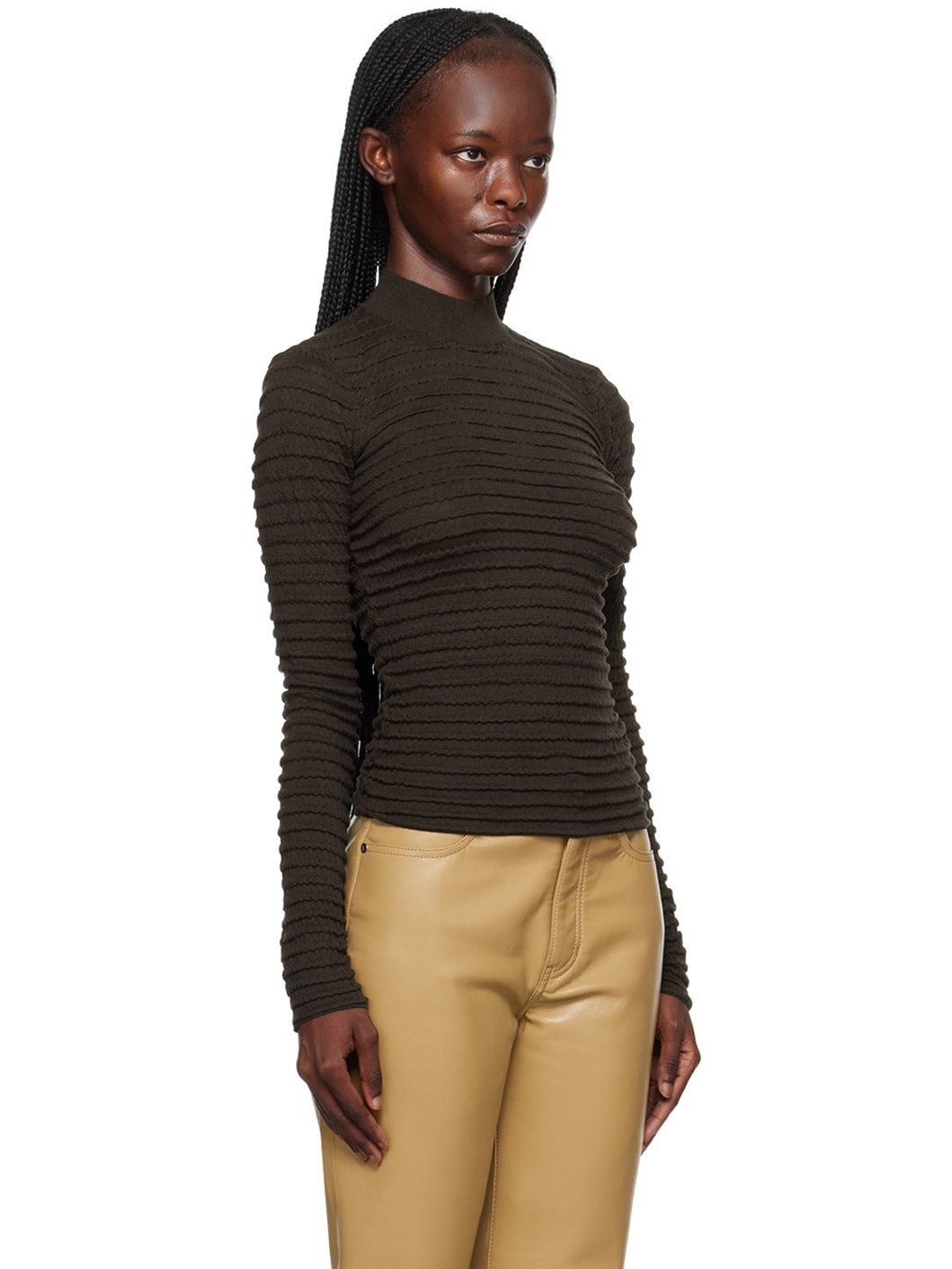 Brown Smocked Turtleneck - 2