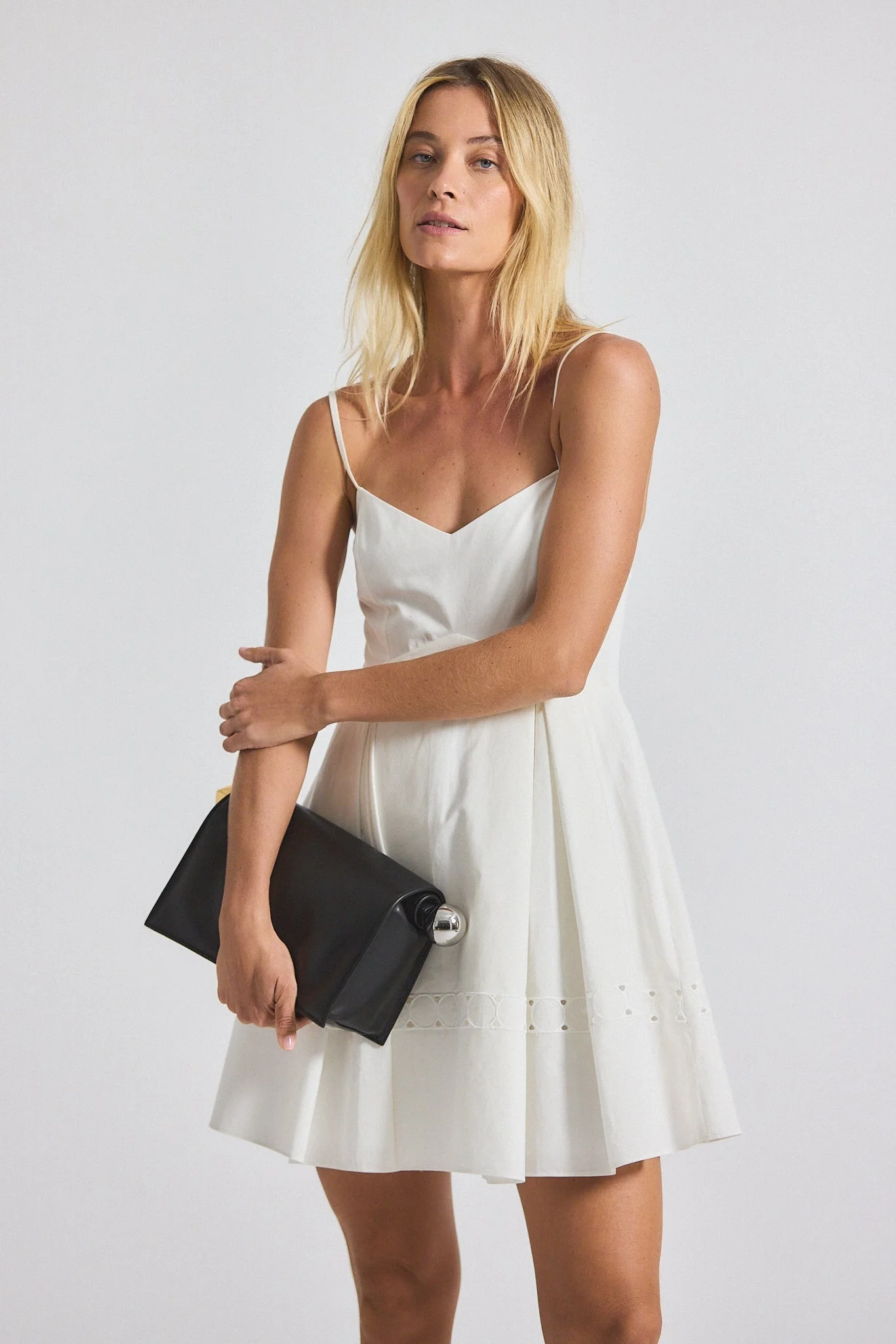 ETON EMBROIDERED POPLIN EYELET SPAGHETTI STRAP PLEATED MINI DRESS - 1