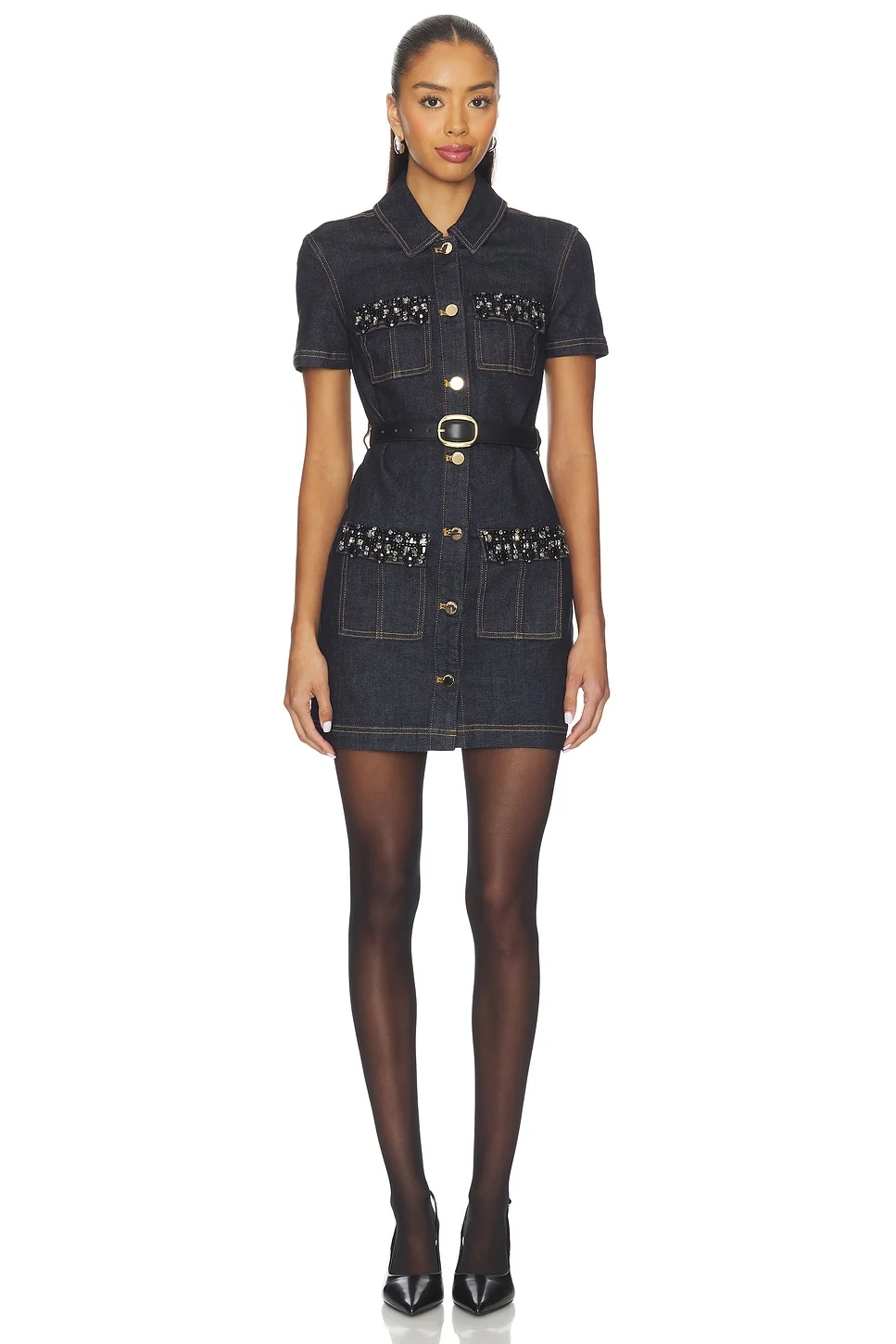 Denim Crystal Trim Mini Dress - 1