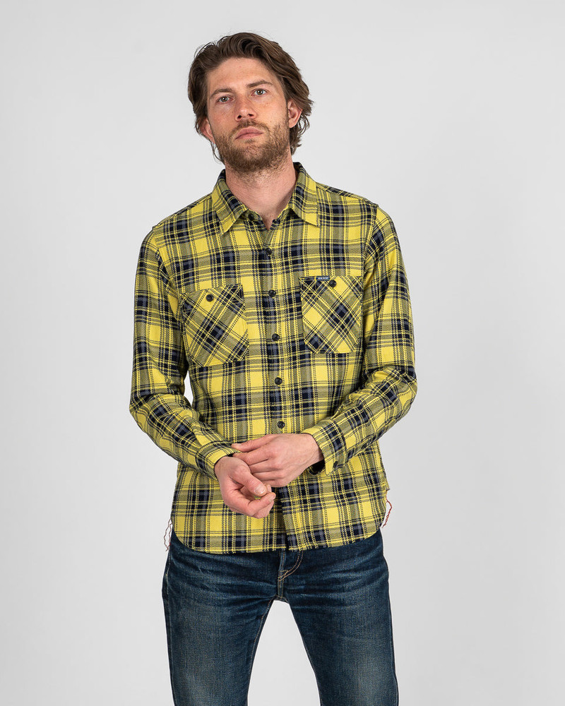 Iron Heart IHSH-412-YEL 9oz Selvedge Indigo Check Flannel Work Shirt - Yellow outlook