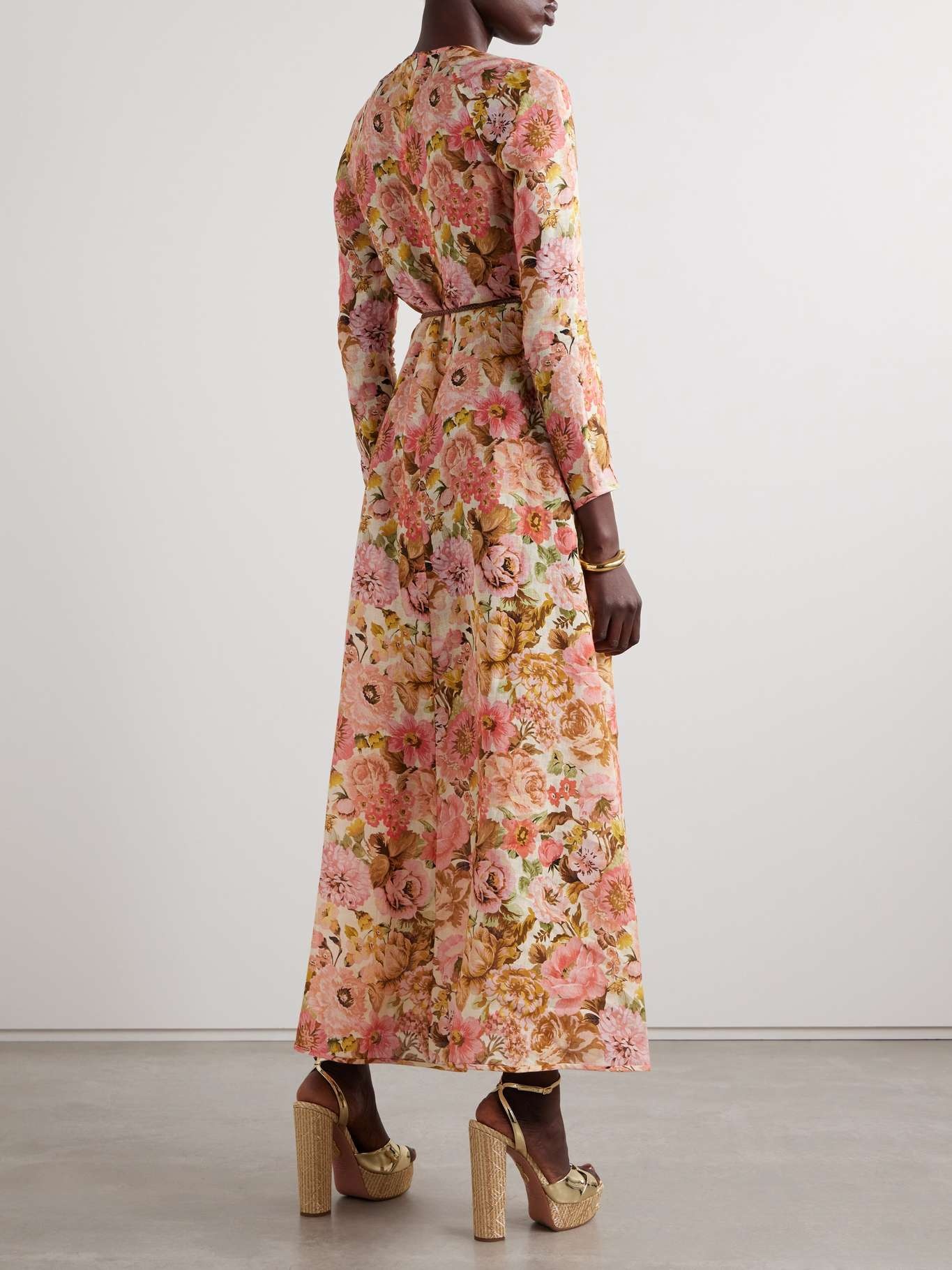 Golden belted floral-print linen maxi dress - 3