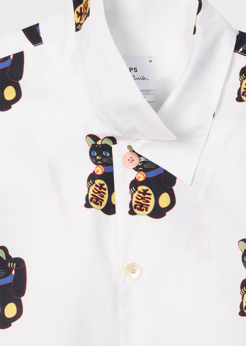 White 'Lucky Cat' Print Short-Sleeve Shirt 3