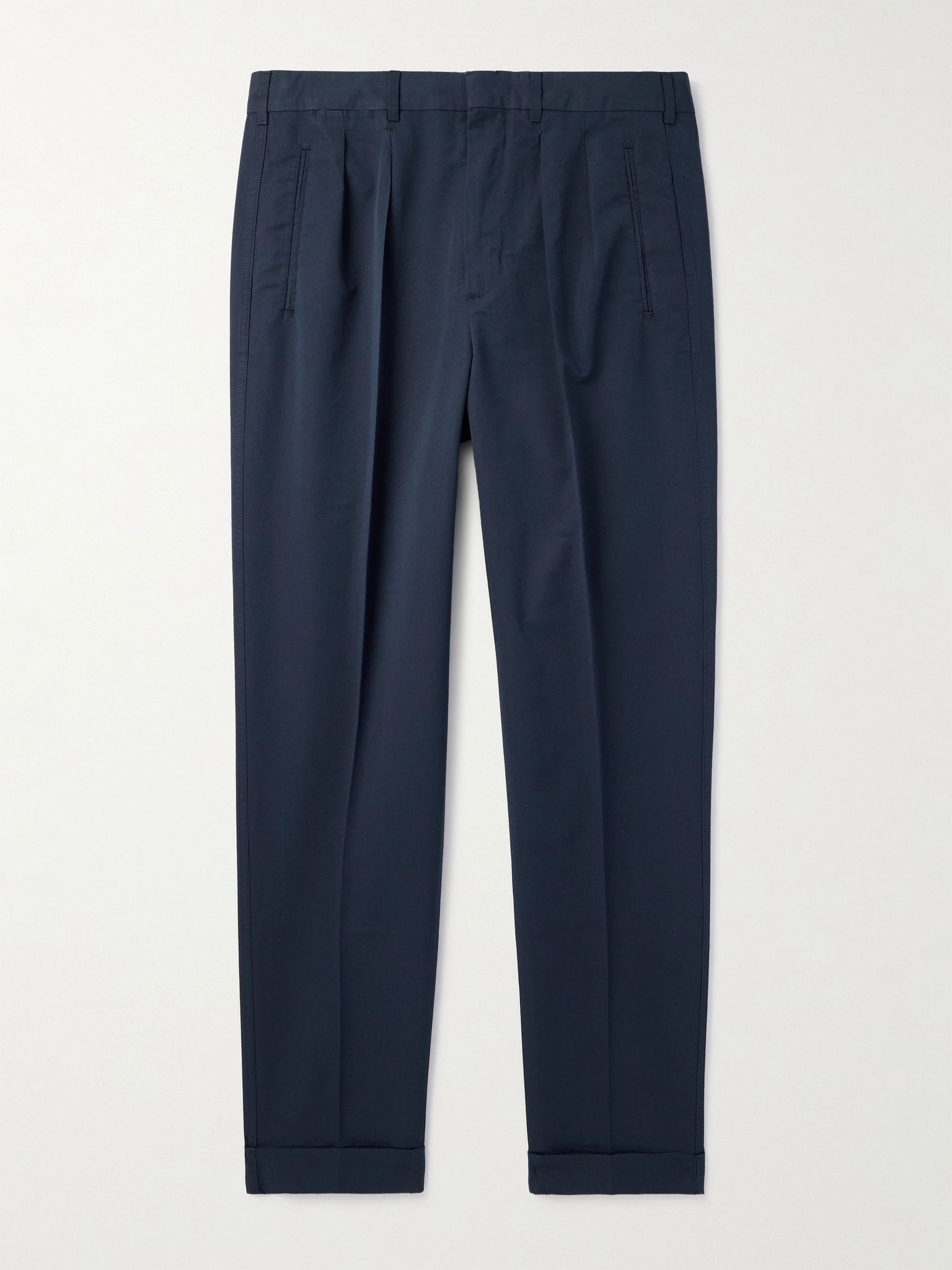 Straight-Leg Pleated Cotton and Silk-Blend Poplin Trousers Navy - 1
