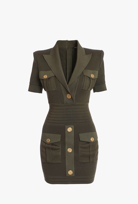 Short olive green viscose dress with gold-tone buttons - 1