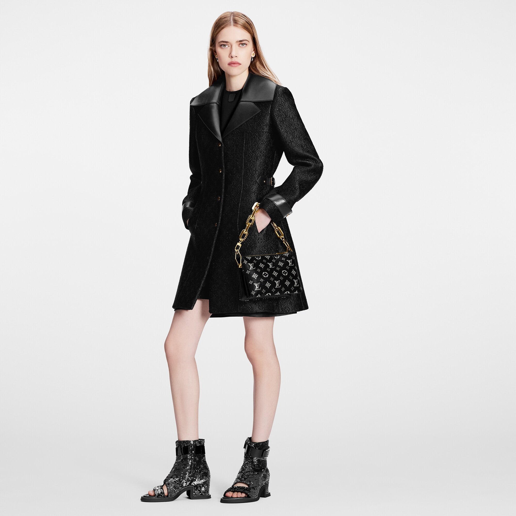Leather Insert A-Line Glitter Coat - 2
