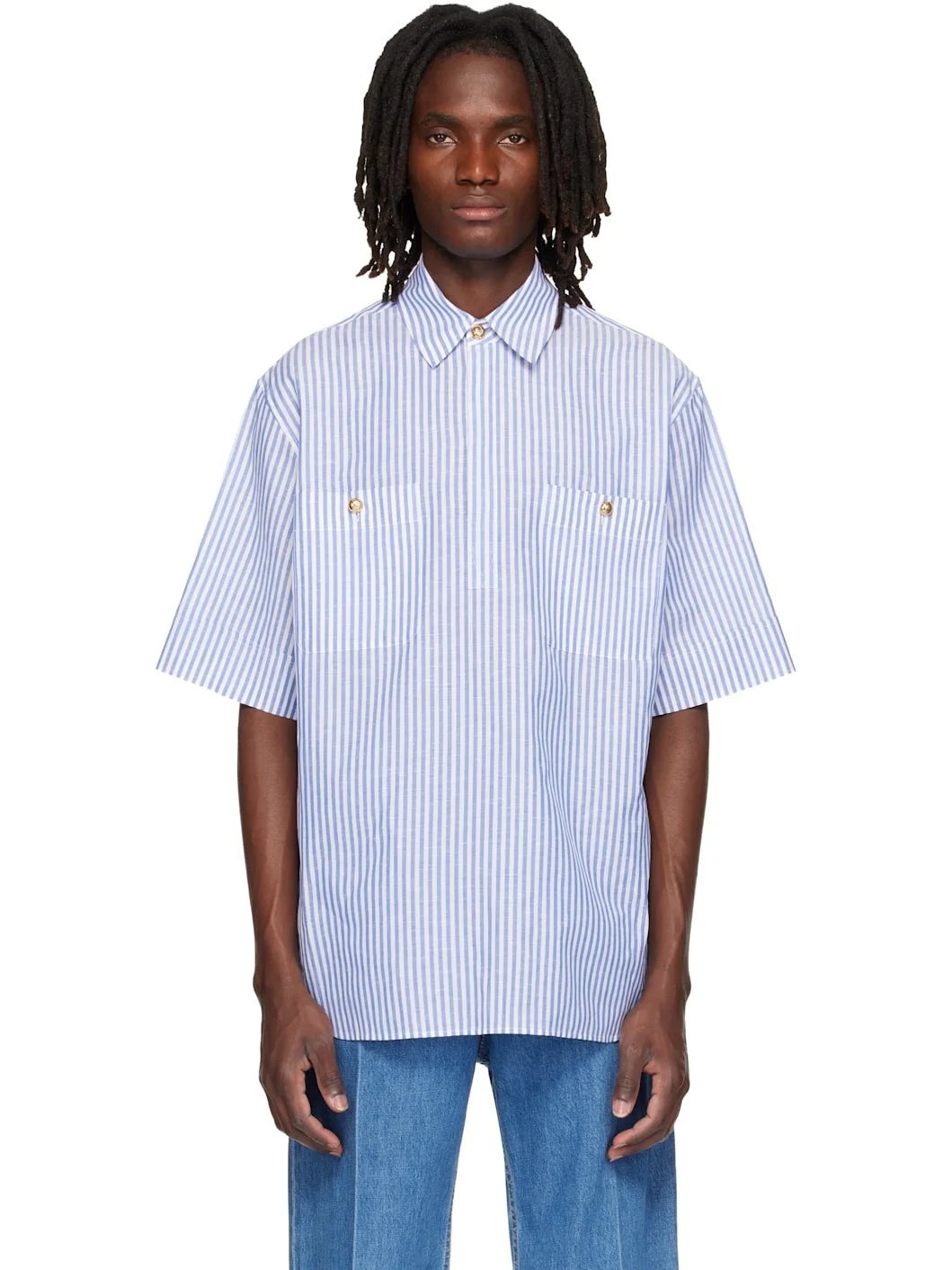 Blue & White Striped Cotton Linen Shirt - 1