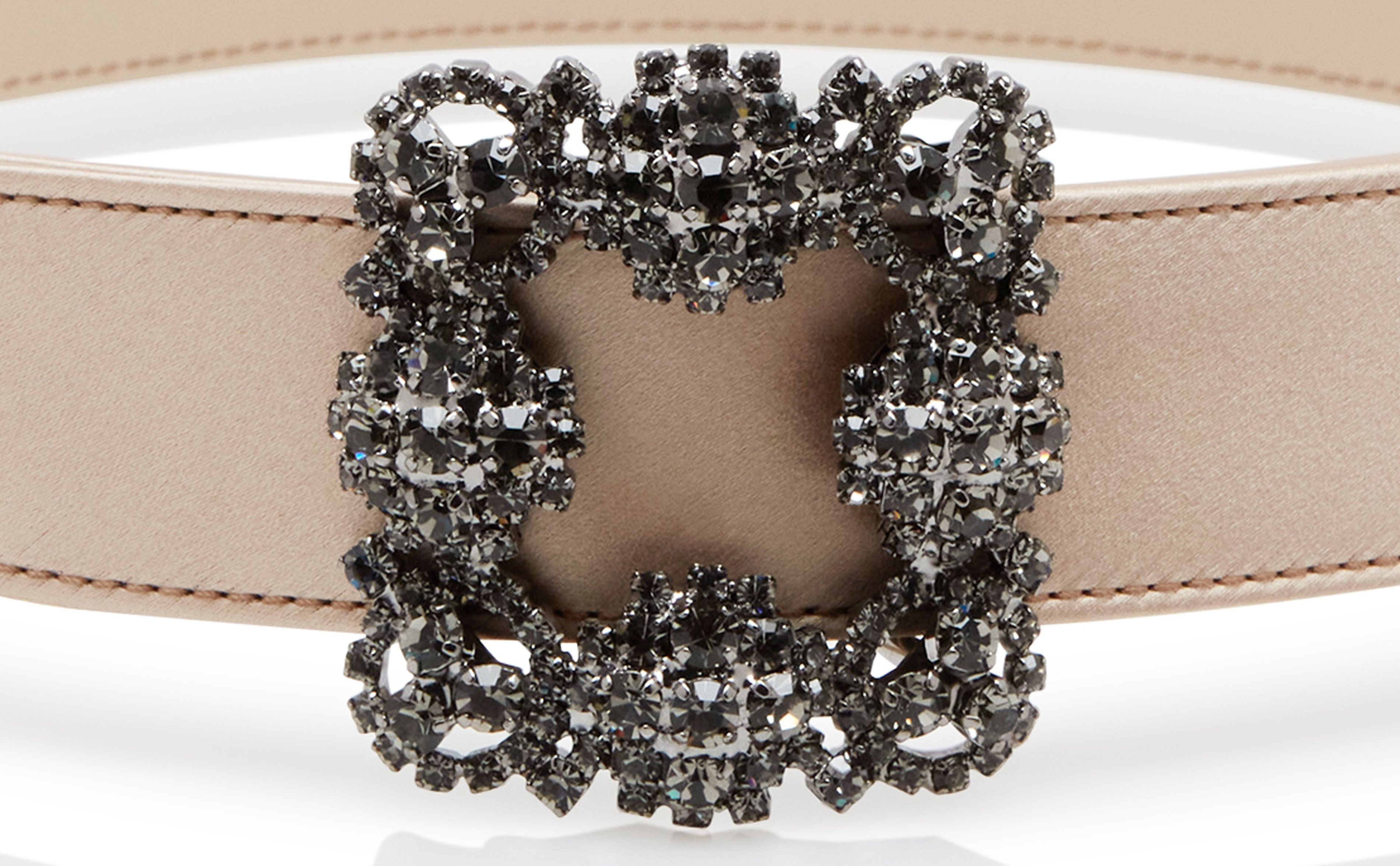 Light Beige Satin Crystal Buckled Belt - 4