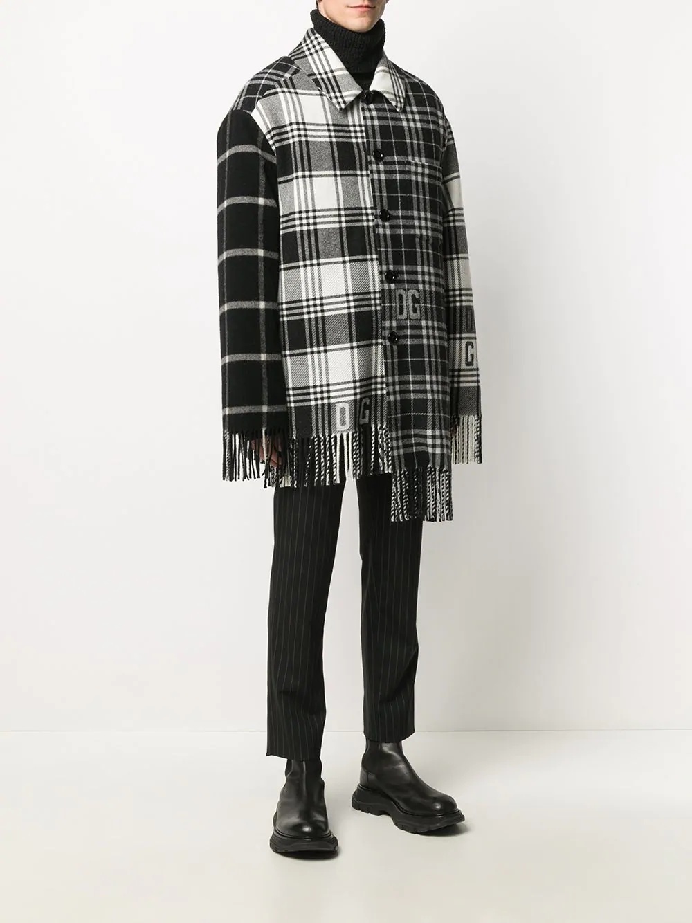 panelled fringed checked coat - 3