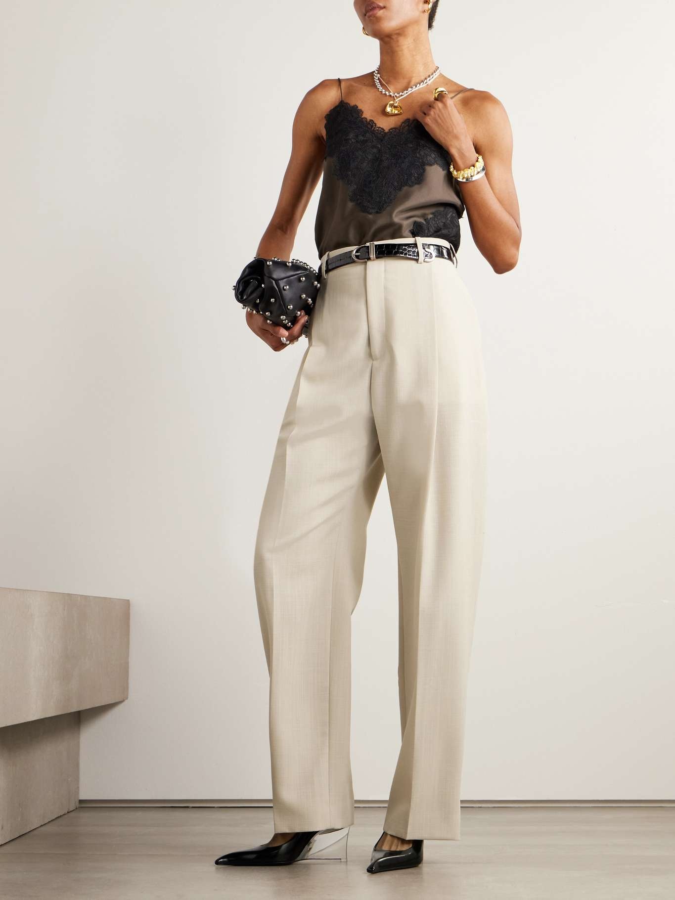 Pleated wool wide-leg pants Sand - 2
