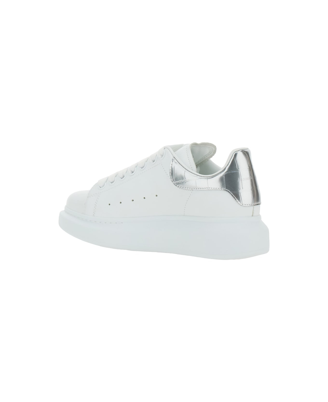 White Leather Sneakers With Silver Leather Heel - 3