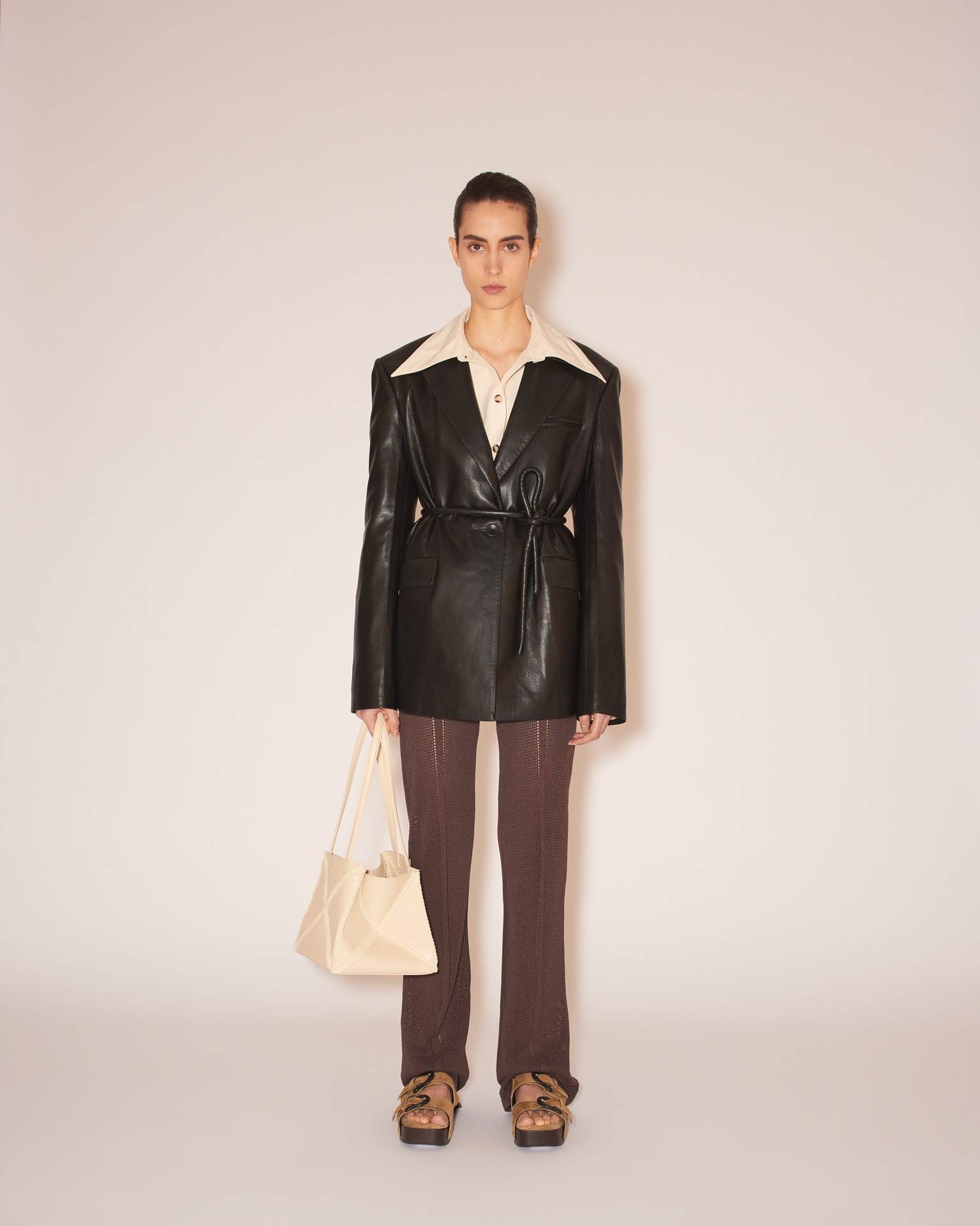 MARIKO - Vegan leather tie-waist blazer - Black - 3