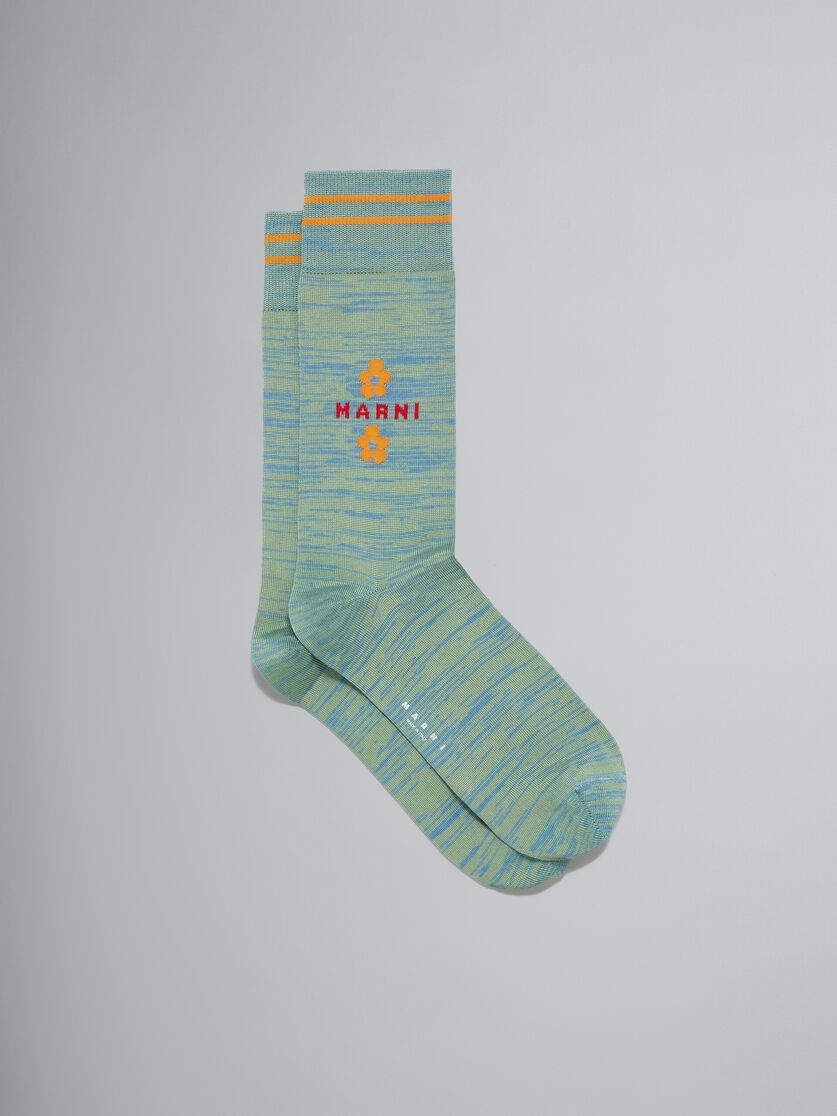 LIGHT BLUE AND GREEN MOULINÉ COTTON SOCKS WITH FLOWERS - 1