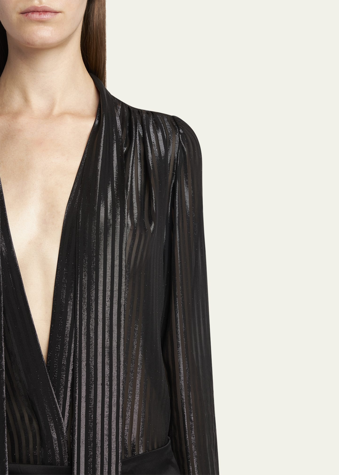 Metallic Striped Lavalliere Plunging Blouse - 5