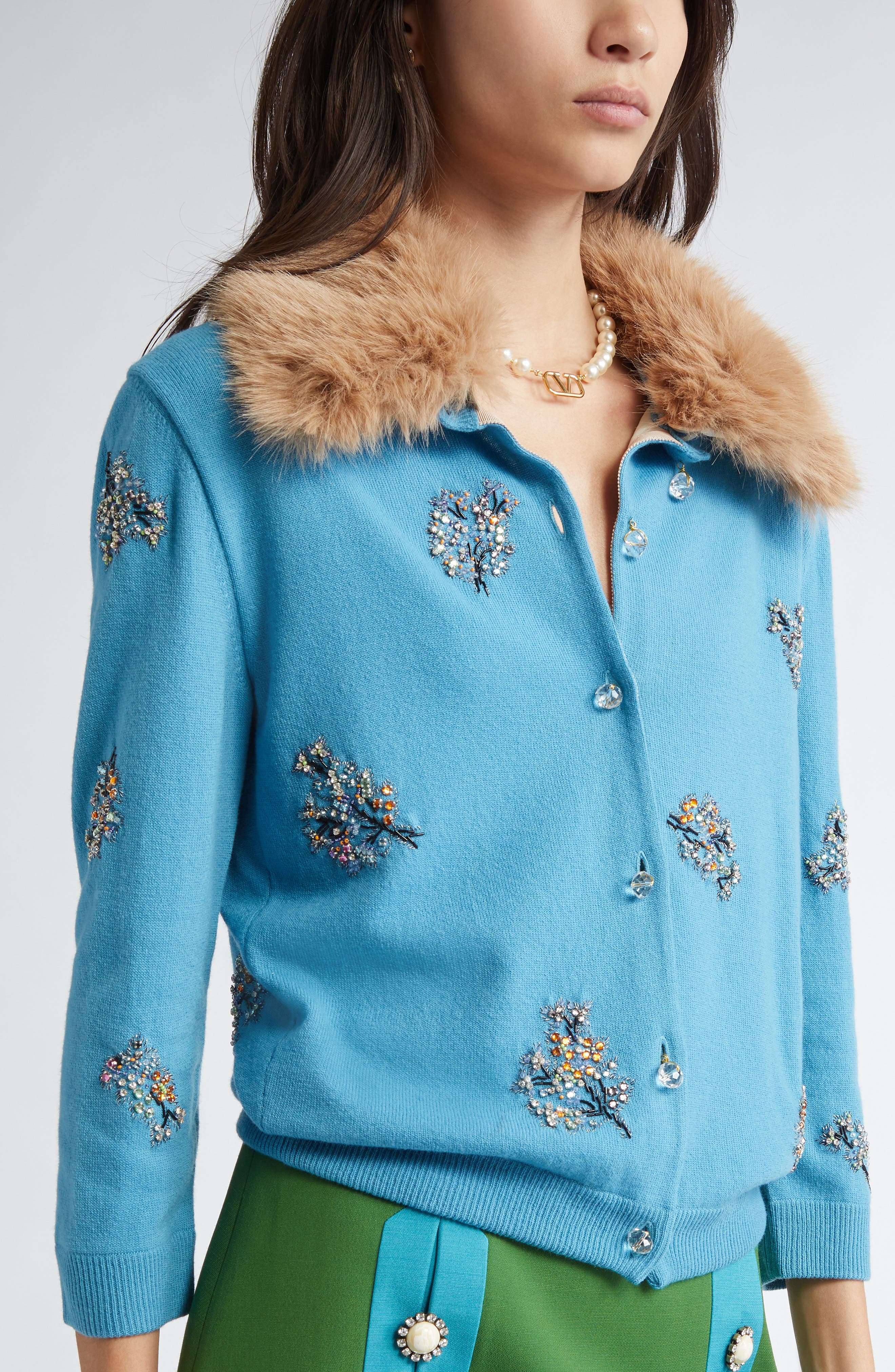 Valentino Garavani Embroidered Wool Cardigan with Removable Faux Fur Collar in Blue at Nordstrom - 5