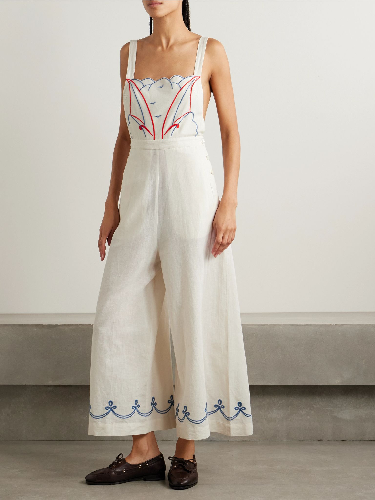 Embroidered cotton and linen-blend jumpsuit Cream - 3